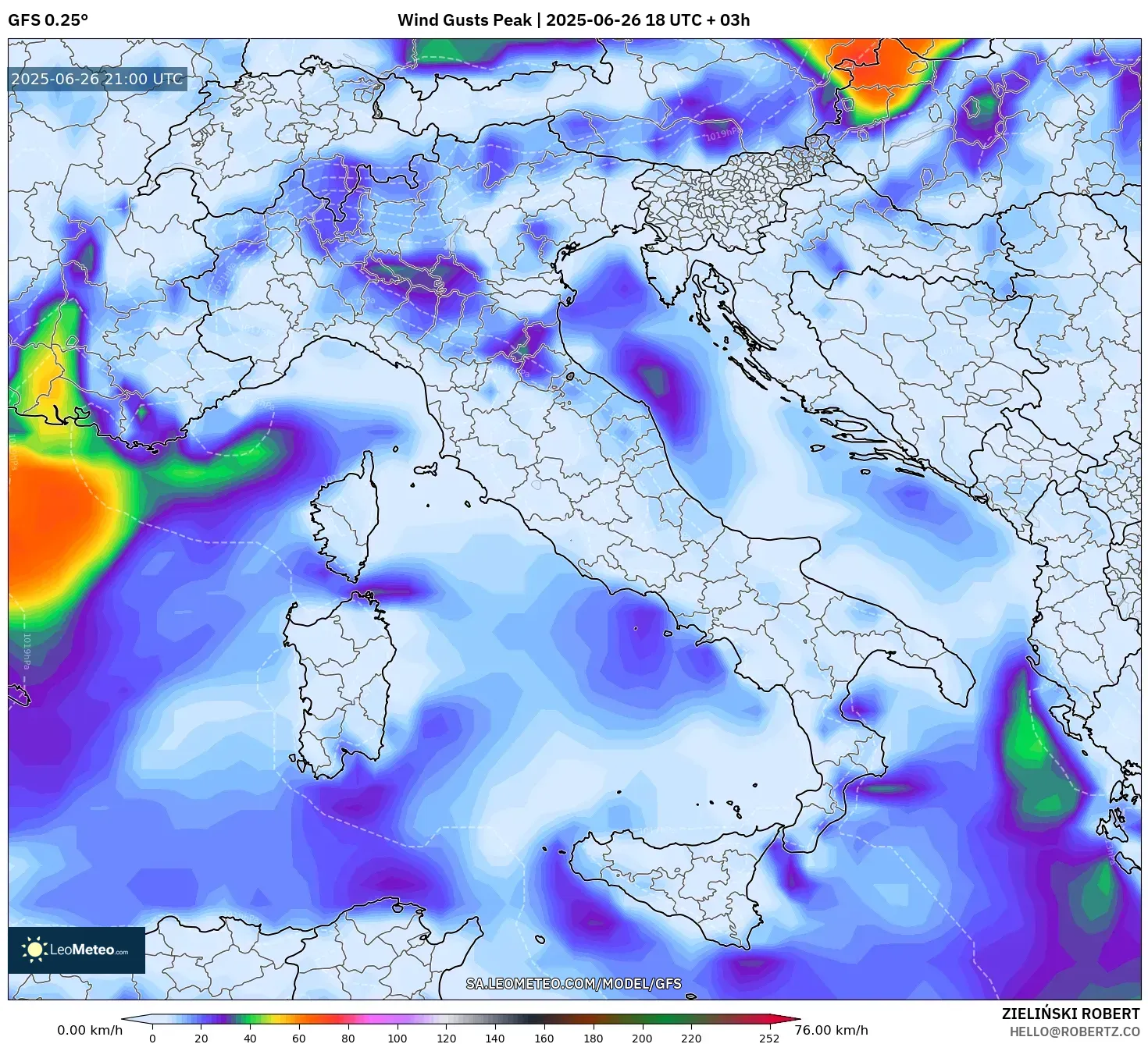 GFS model - Italy, Wind Gusts Peak GFS model - Italy, Wind Gusts Peak
