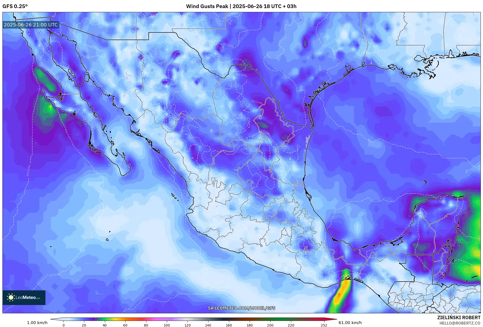 GFS model - Mexico, Wind Gusts Peak GFS model - Mexico, Wind Gusts Peak