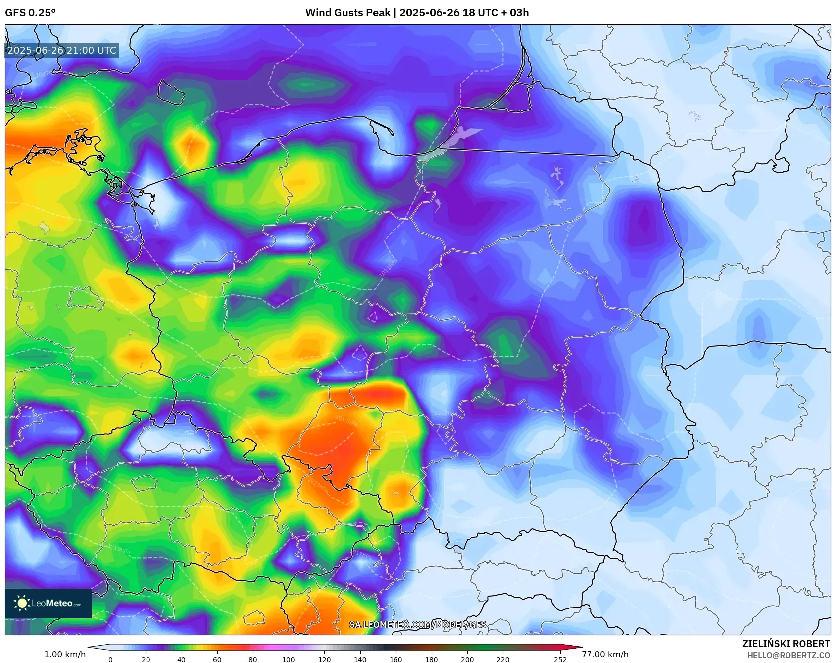 GFS model - Poland, Wind Gusts Peak GFS model - Poland, Wind Gusts Peak