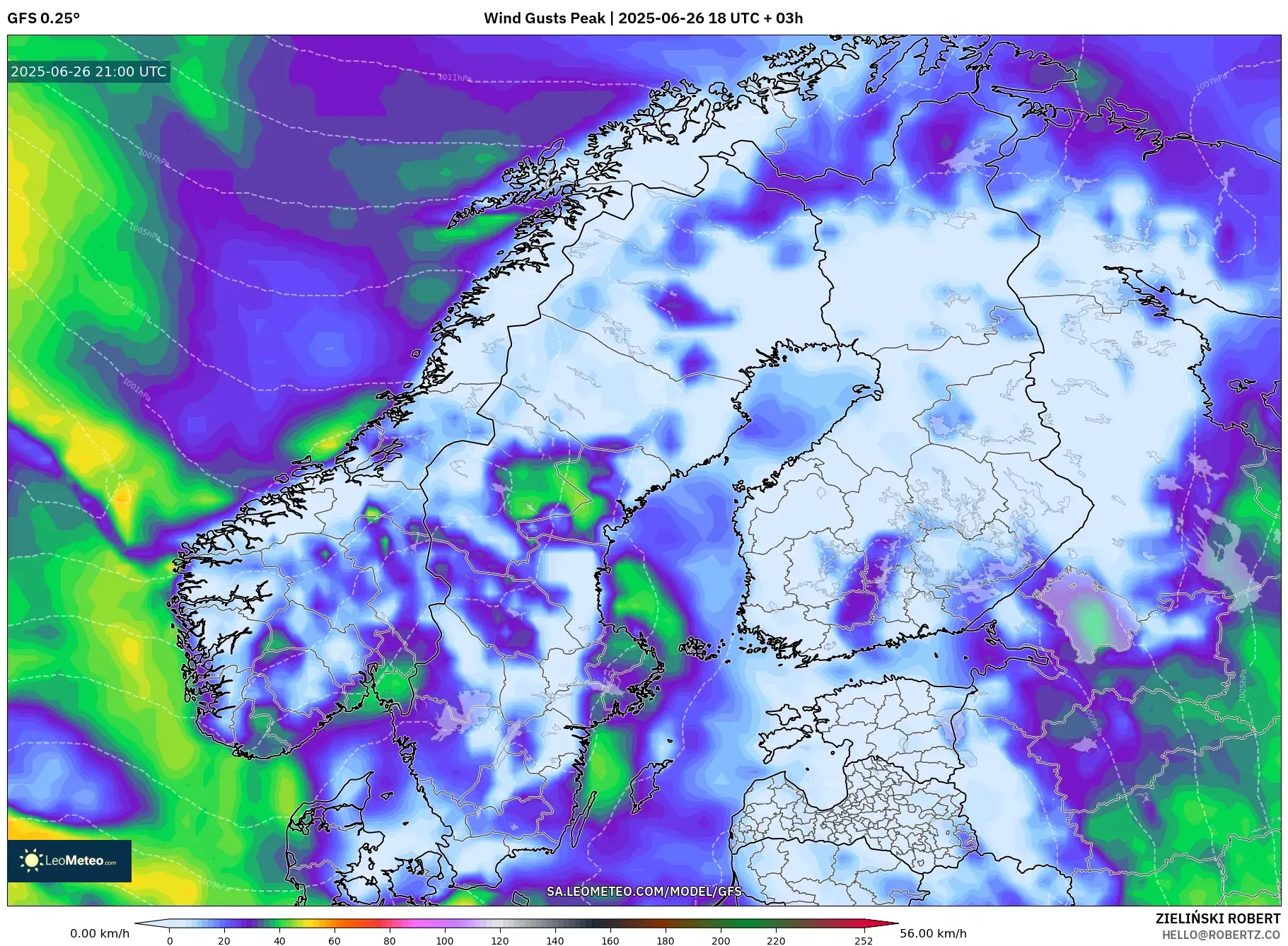 GFS model - Scandinavia, Wind Gusts Peak GFS model - Scandinavia, Wind Gusts Peak