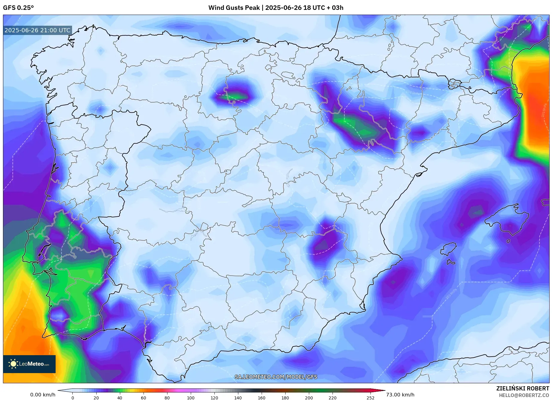 GFS model - Spain, Wind Gusts Peak GFS model - Spain, Wind Gusts Peak