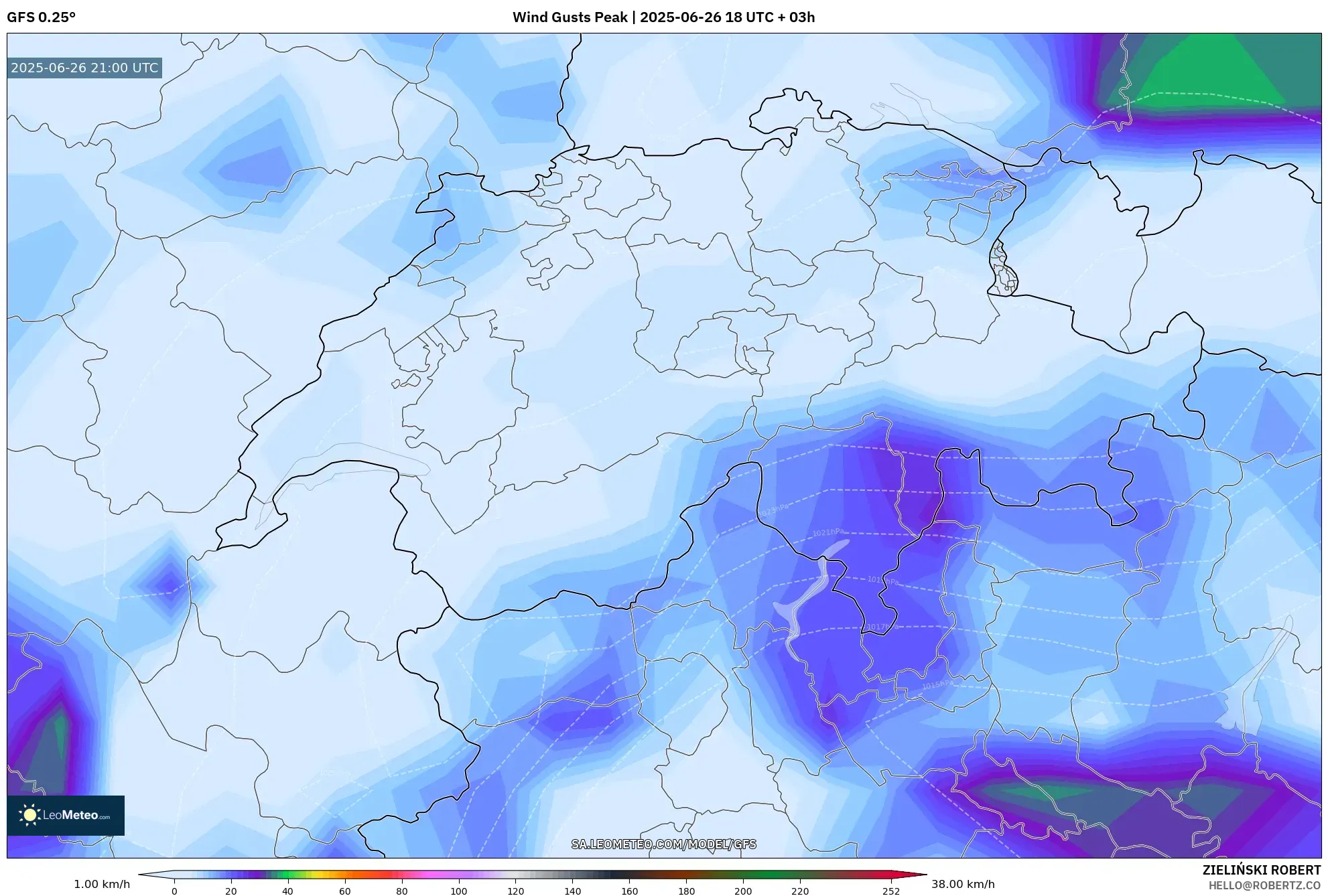 GFS model - Switzerland, Wind Gusts Peak GFS model - Switzerland, Wind Gusts Peak