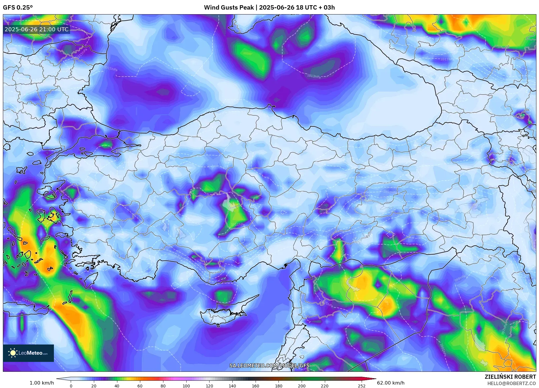 GFS model - Turkey, Wind Gusts Peak GFS model - Turkey, Wind Gusts Peak