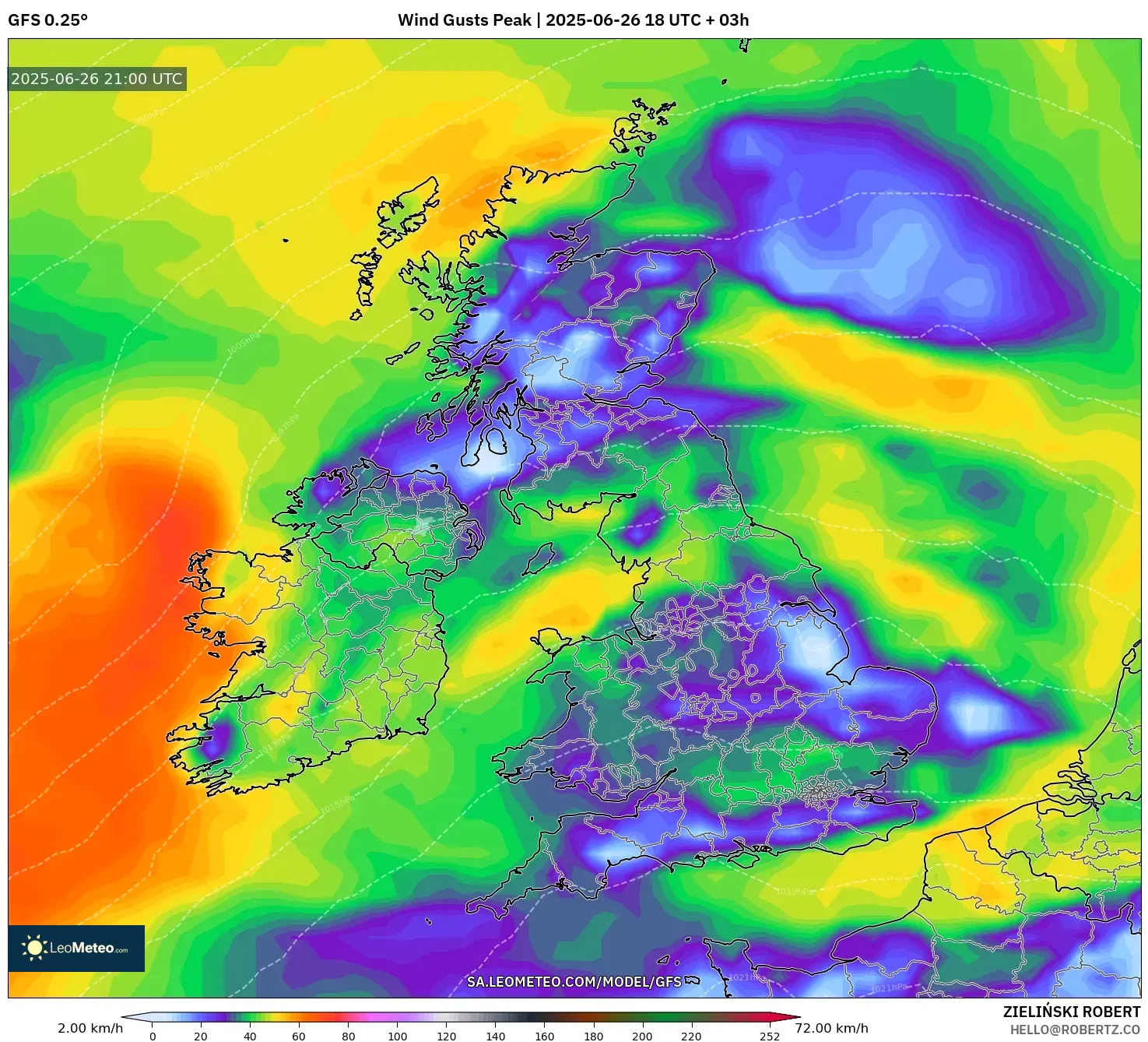 GFS model - United Kingdom, Wind Gusts Peak GFS model - United Kingdom, Wind Gusts Peak