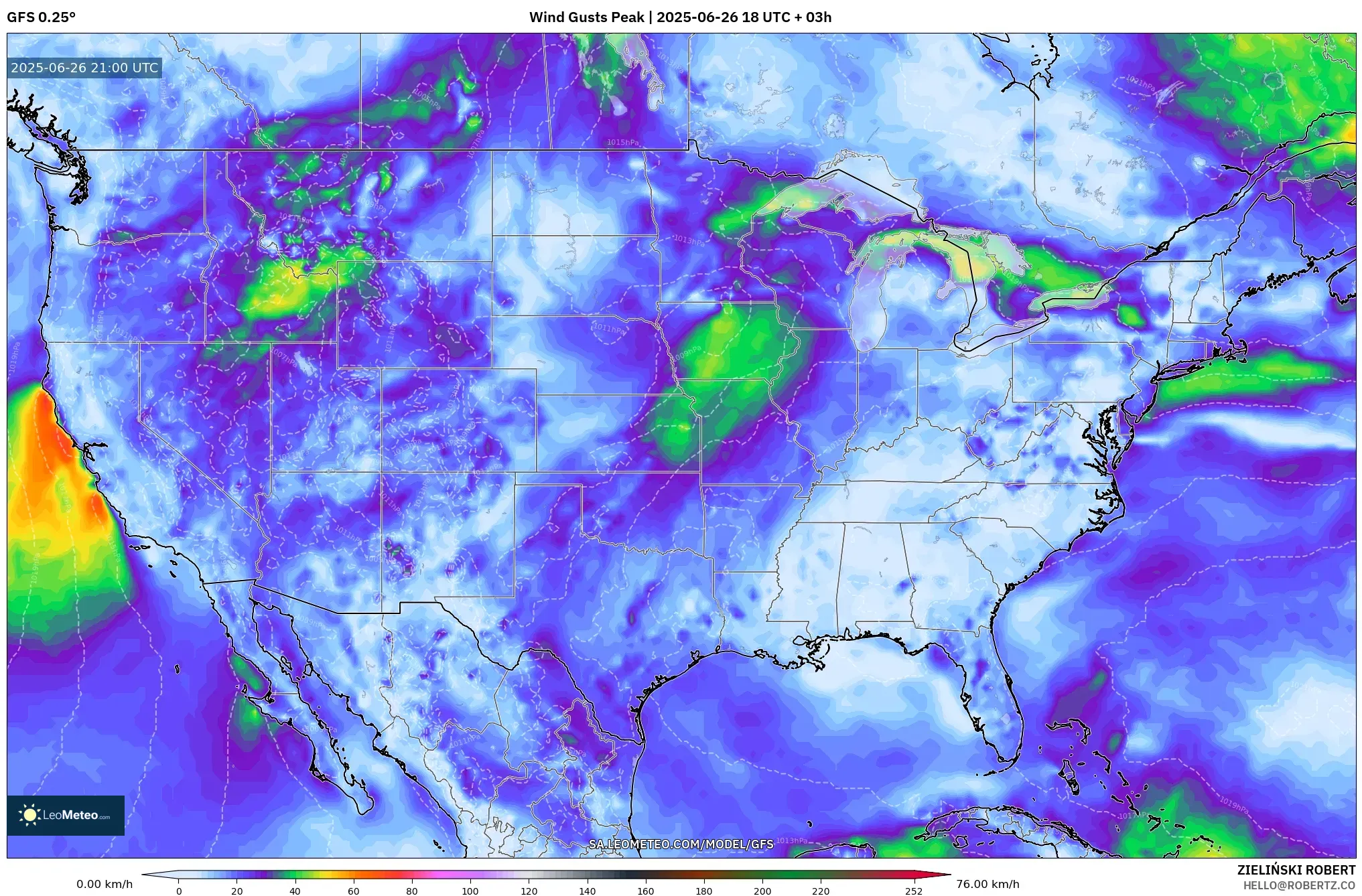 GFS model - United States, Wind Gusts Peak GFS model - United States, Wind Gusts Peak