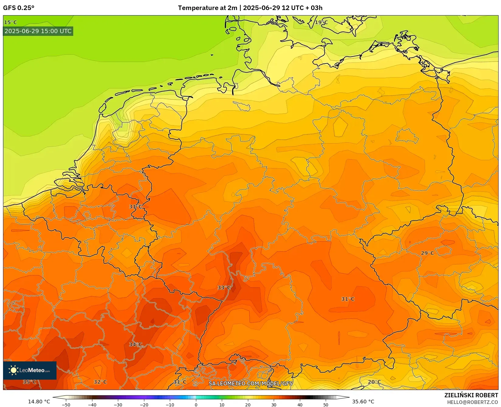 GFS model - Germany, Temperature at 2m GFS model - Germany, Temperature at 2m