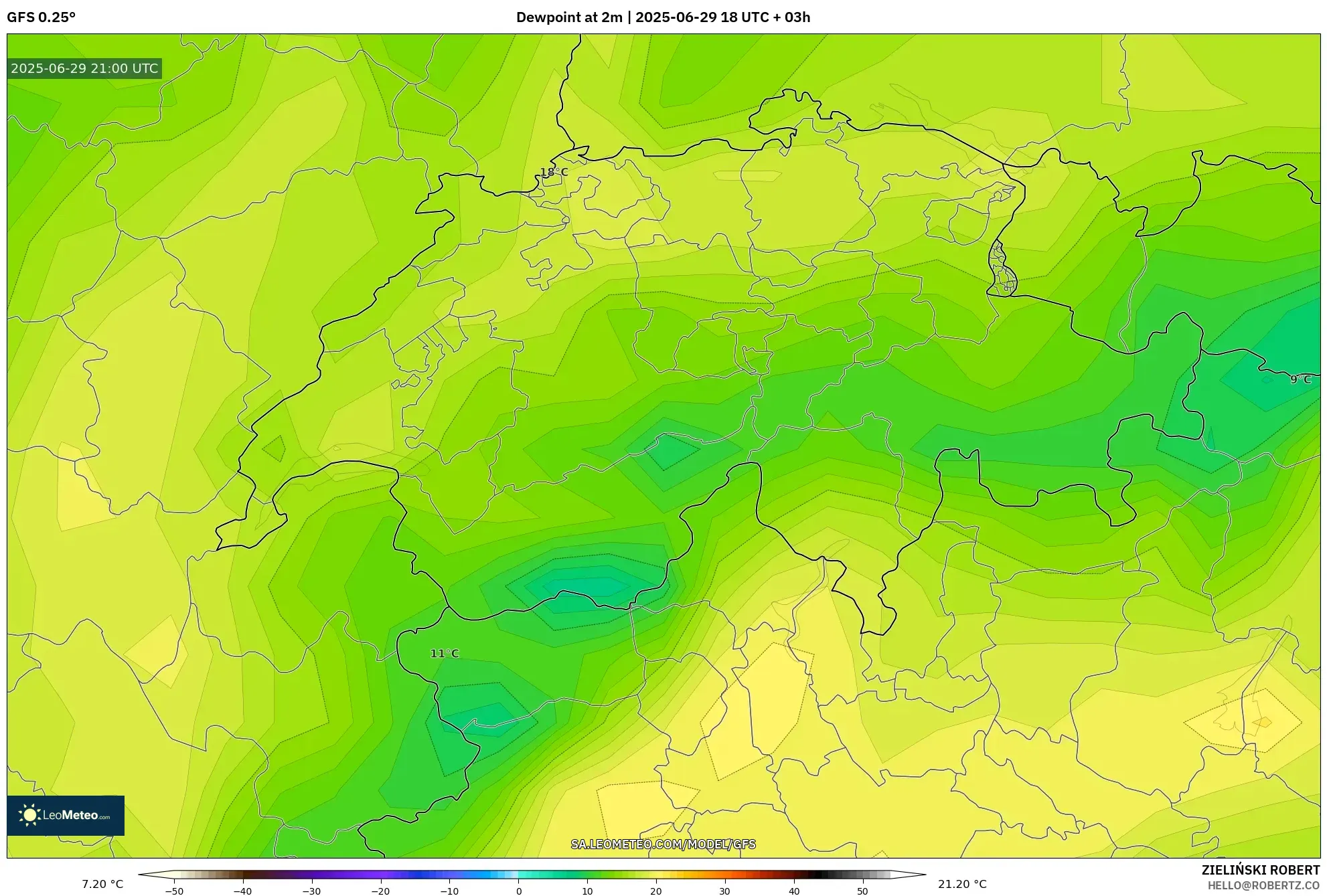 GFS model - Switzerland, Dewpoint at 2m GFS model - Switzerland, Dewpoint at 2m