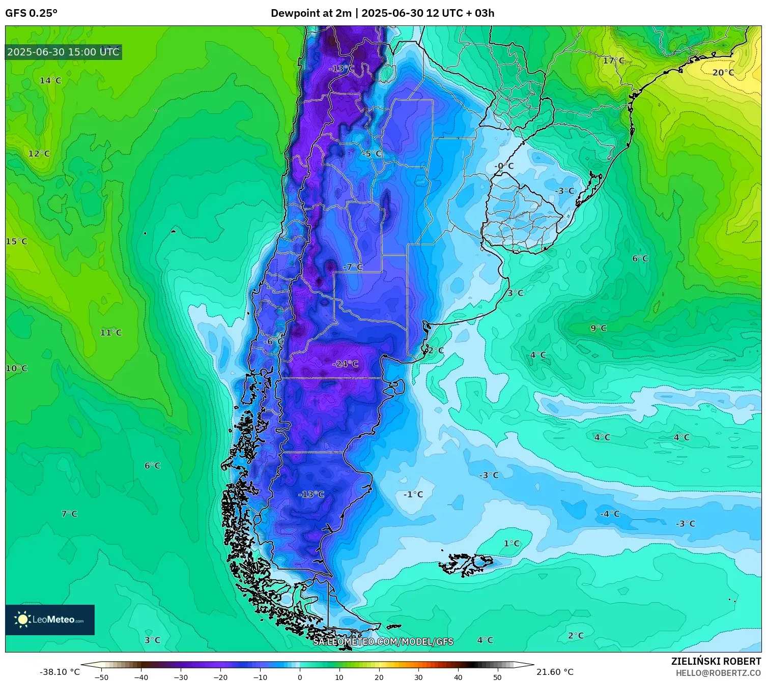 GFS model - Argentina, Dewpoint at 2m GFS model - Argentina, Dewpoint at 2m