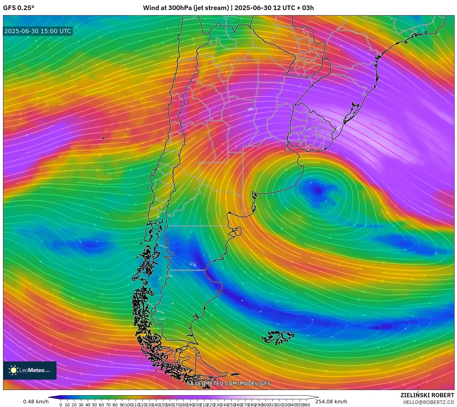 GFS model - Argentina, Wind at 300hPa (jet stream) GFS model - Argentina, Wind at 300hPa (jet stream)