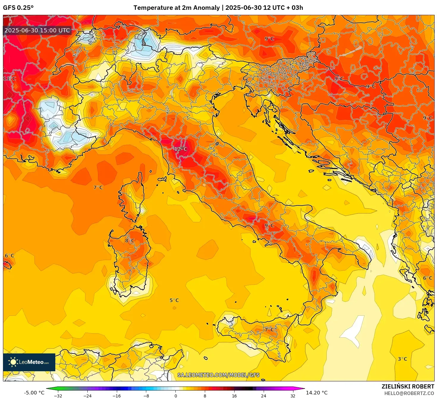 GFS model - Italy, Temperature at 2m Anomaly GFS model - Italy, Temperature at 2m Anomaly