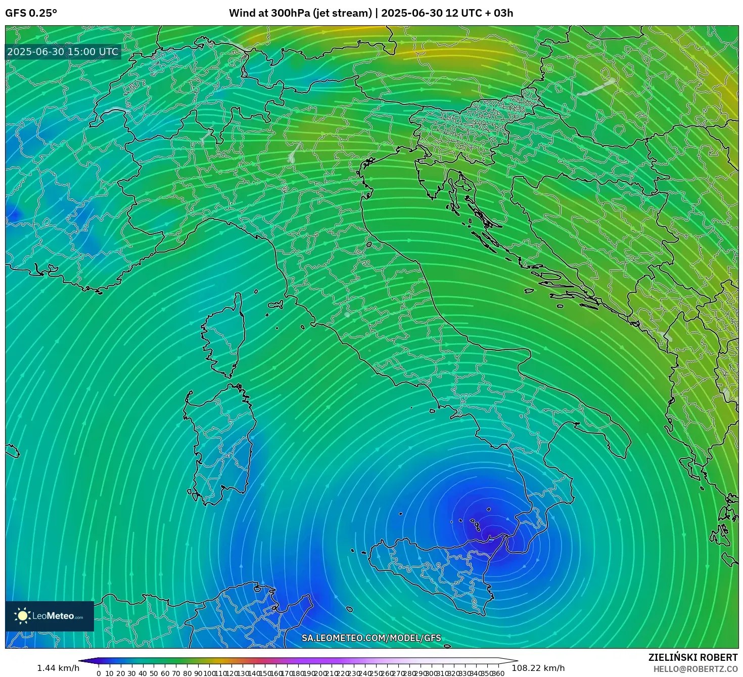 GFS model - Italy, Wind at 300hPa (jet stream) GFS model - Italy, Wind at 300hPa (jet stream)