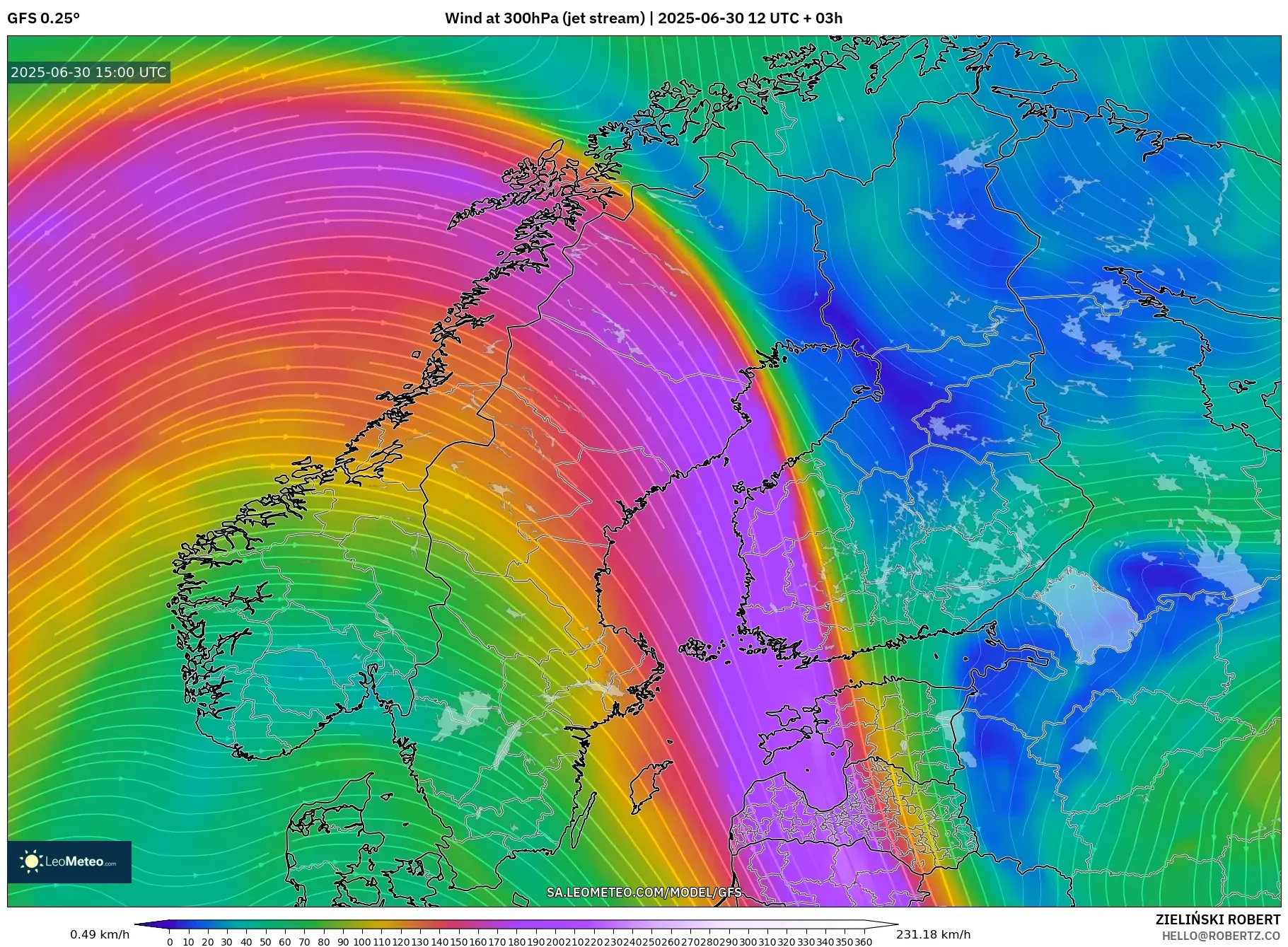 GFS model - Scandinavia, Wind at 300hPa (jet stream) GFS model - Scandinavia, Wind at 300hPa (jet stream)
