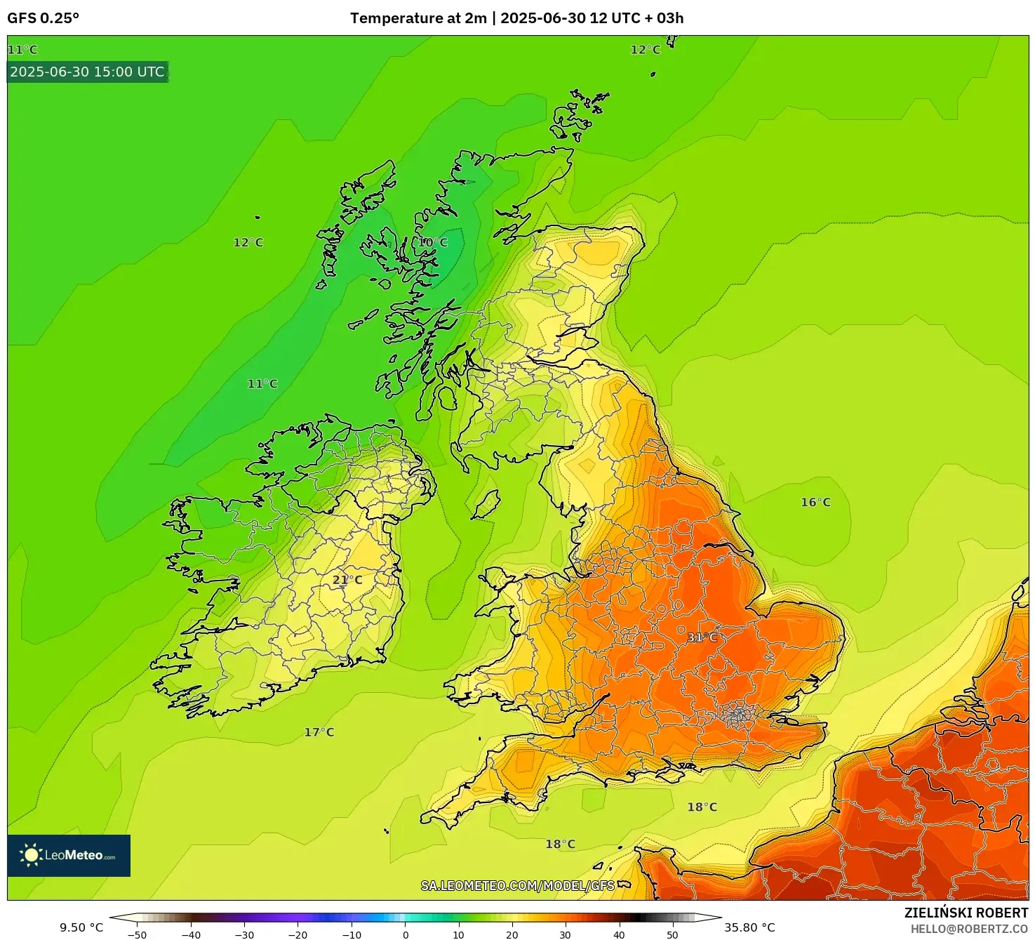 GFS model - United Kingdom, Temperature at 2m GFS model - United Kingdom, Temperature at 2m
