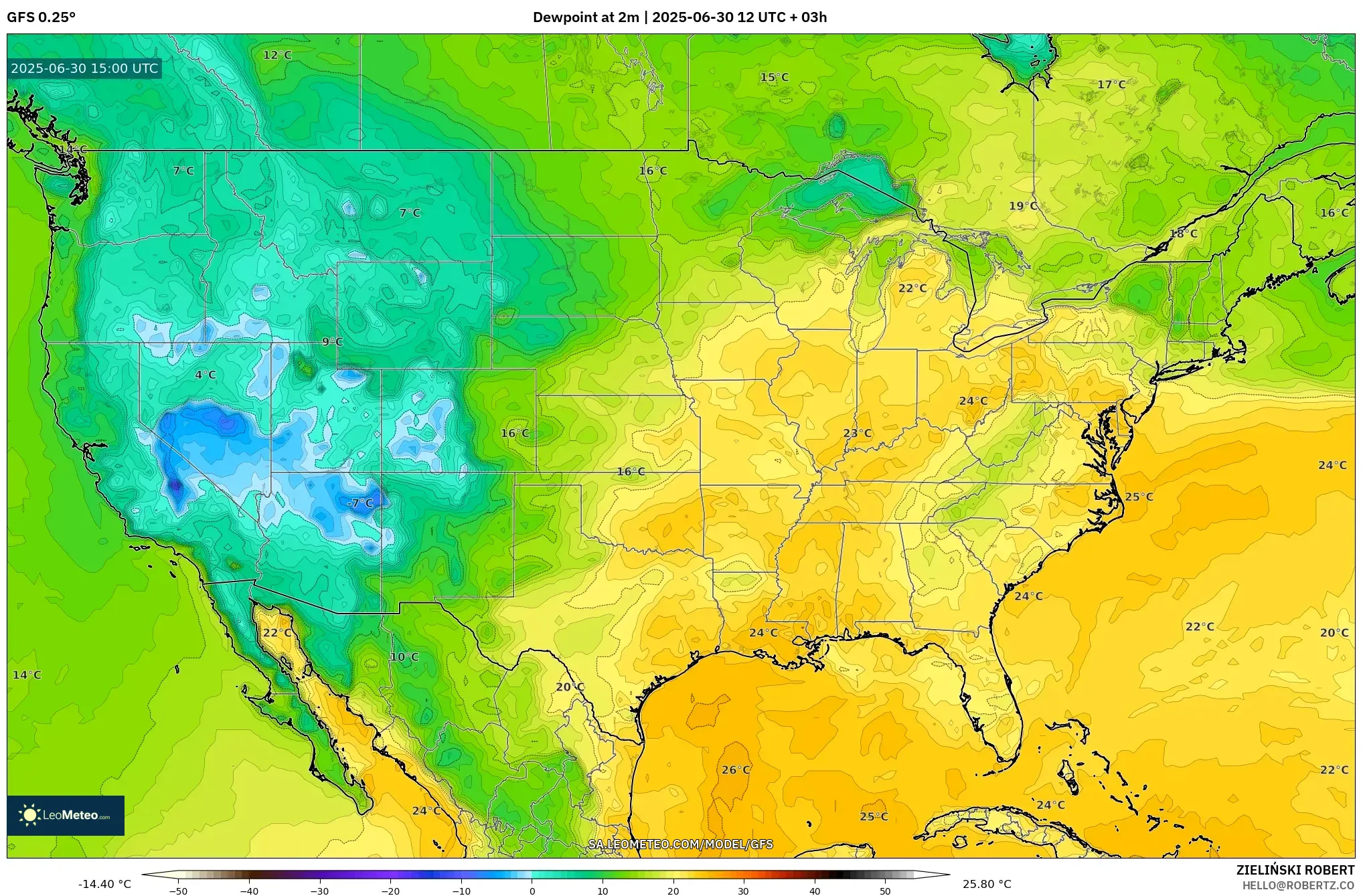 GFS model - United States, Dewpoint at 2m GFS model - United States, Dewpoint at 2m