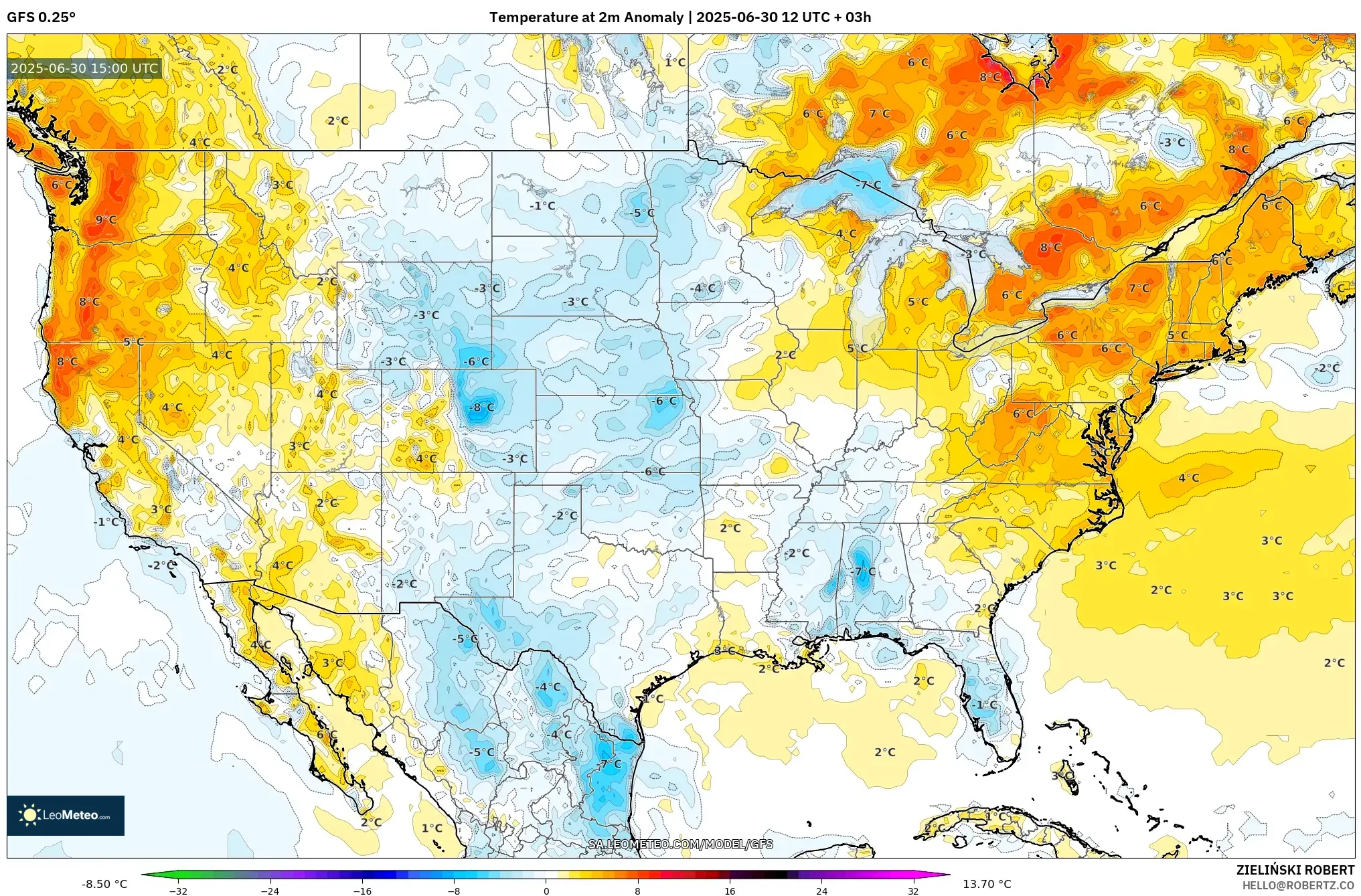 GFS model - United States, Temperature at 2m Anomaly GFS model - United States, Temperature at 2m Anomaly