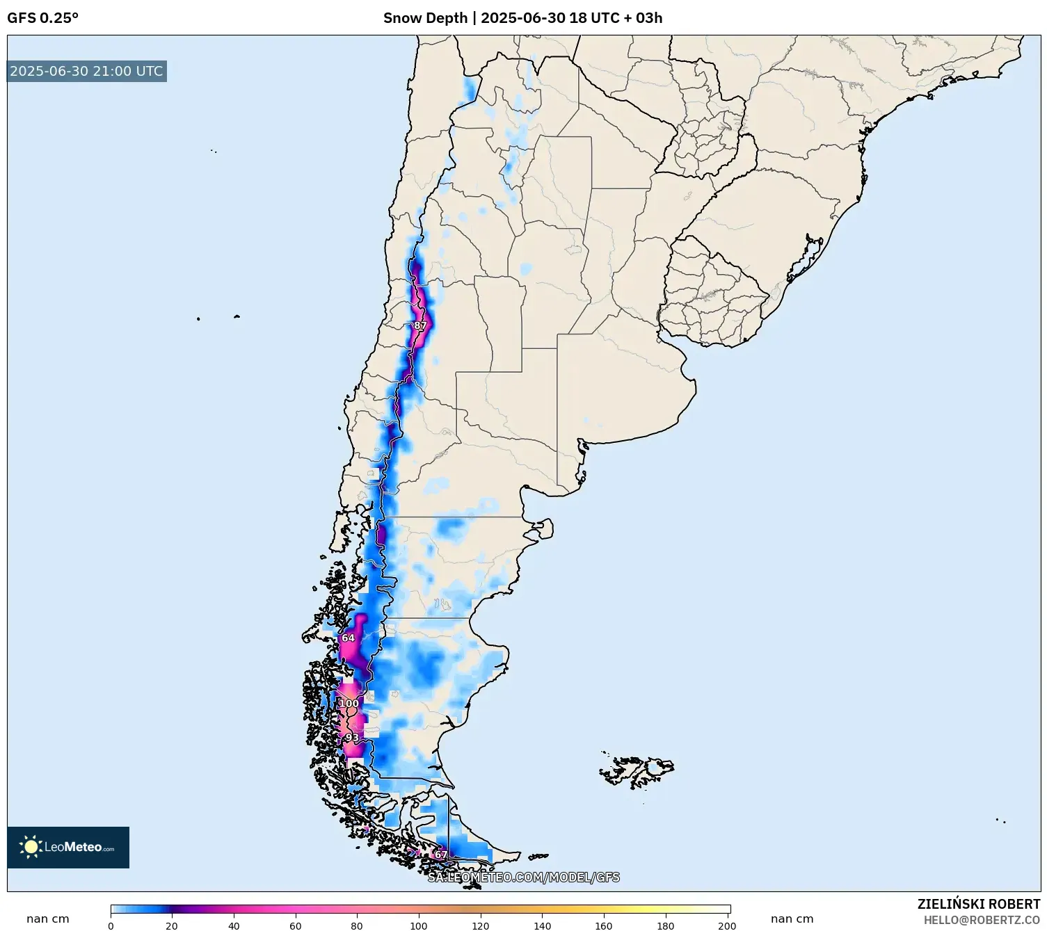 GFS model - Argentina, Snow Depth