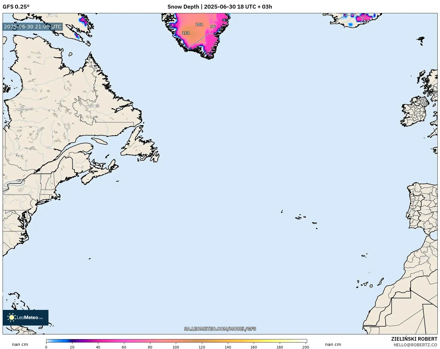 GFS model - North Atlantic, Snow Depth GFS model - North Atlantic, Snow Depth