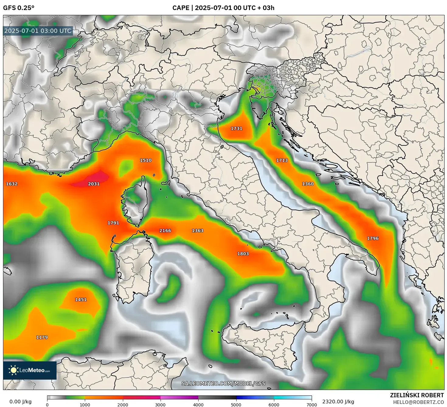 GFS model - Italy, CAPE
