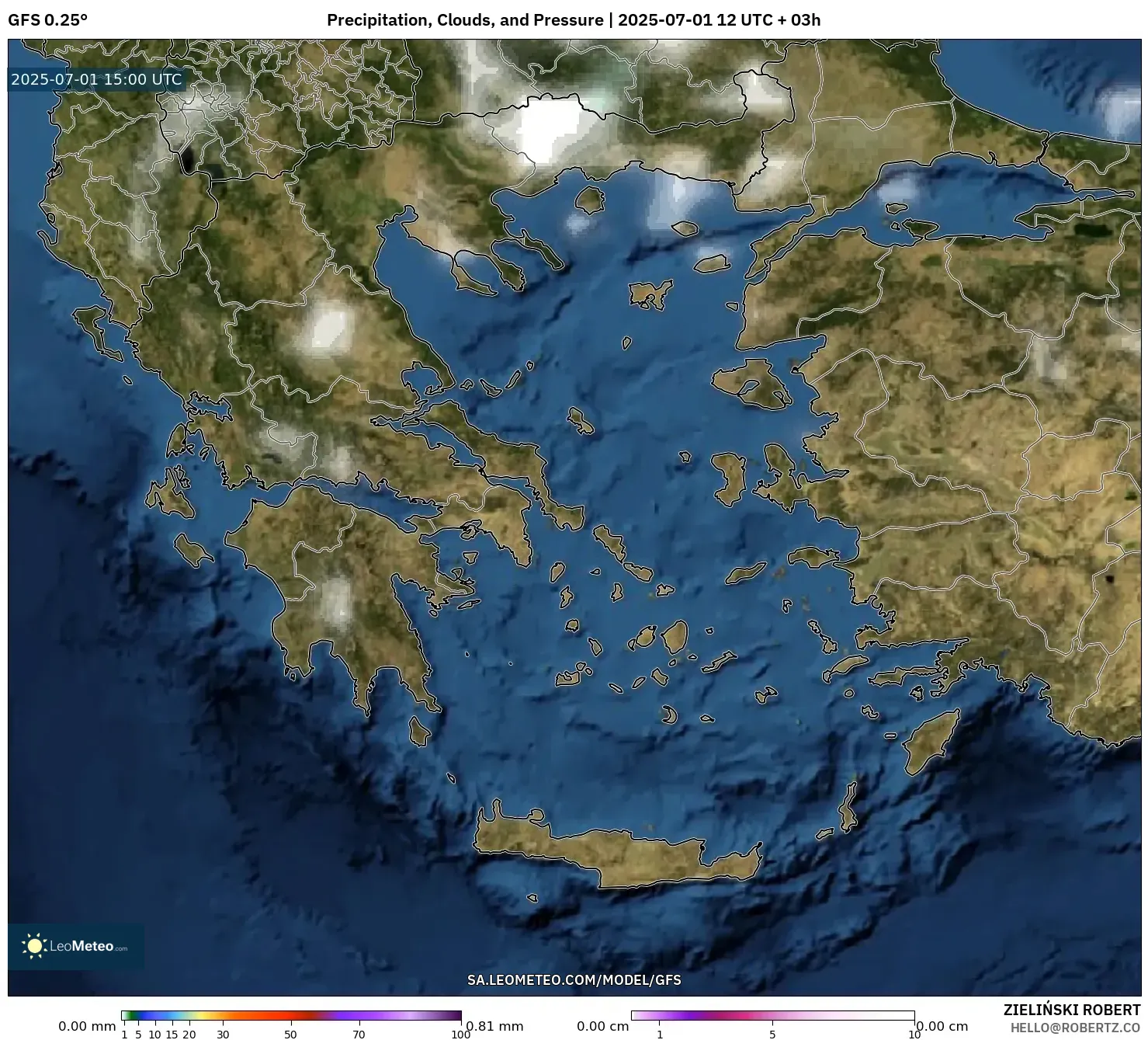 GFS model - Greece, Precipitation, Clouds, and Pressure
