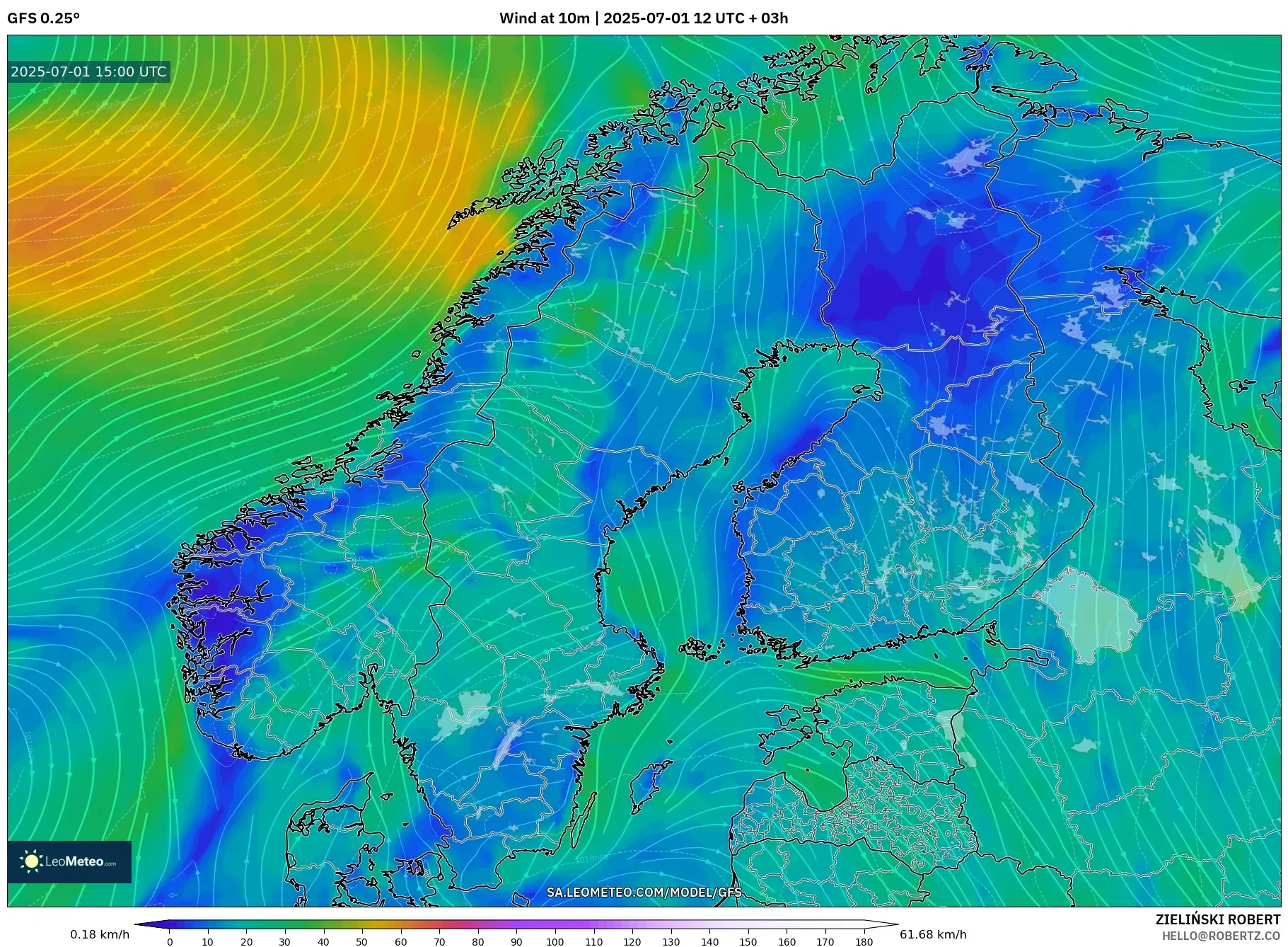 GFS model - Scandinavia, Wind at 10m GFS model - Scandinavia, Wind at 10m