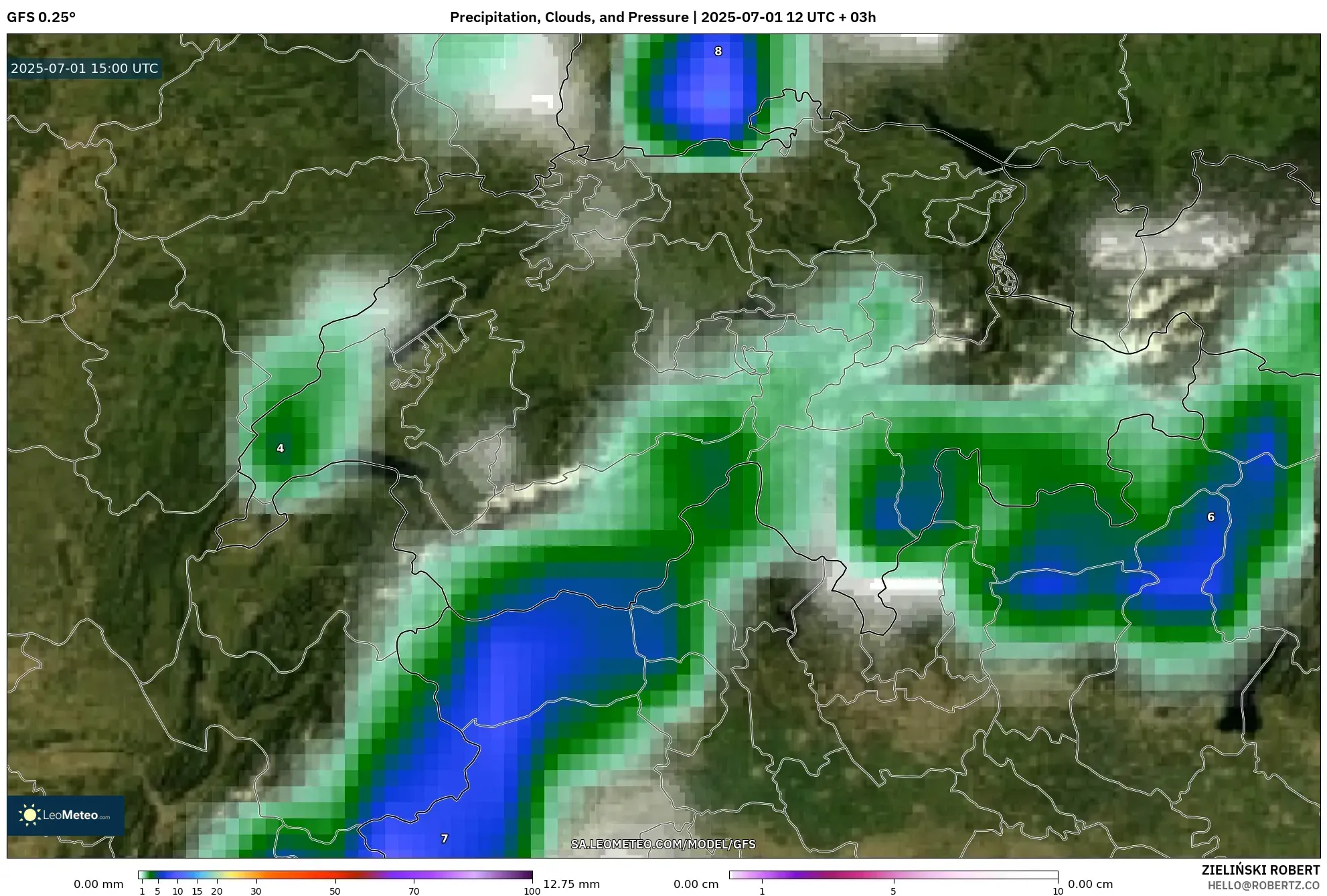 GFS model - Switzerland, Precipitation, Clouds, and Pressure