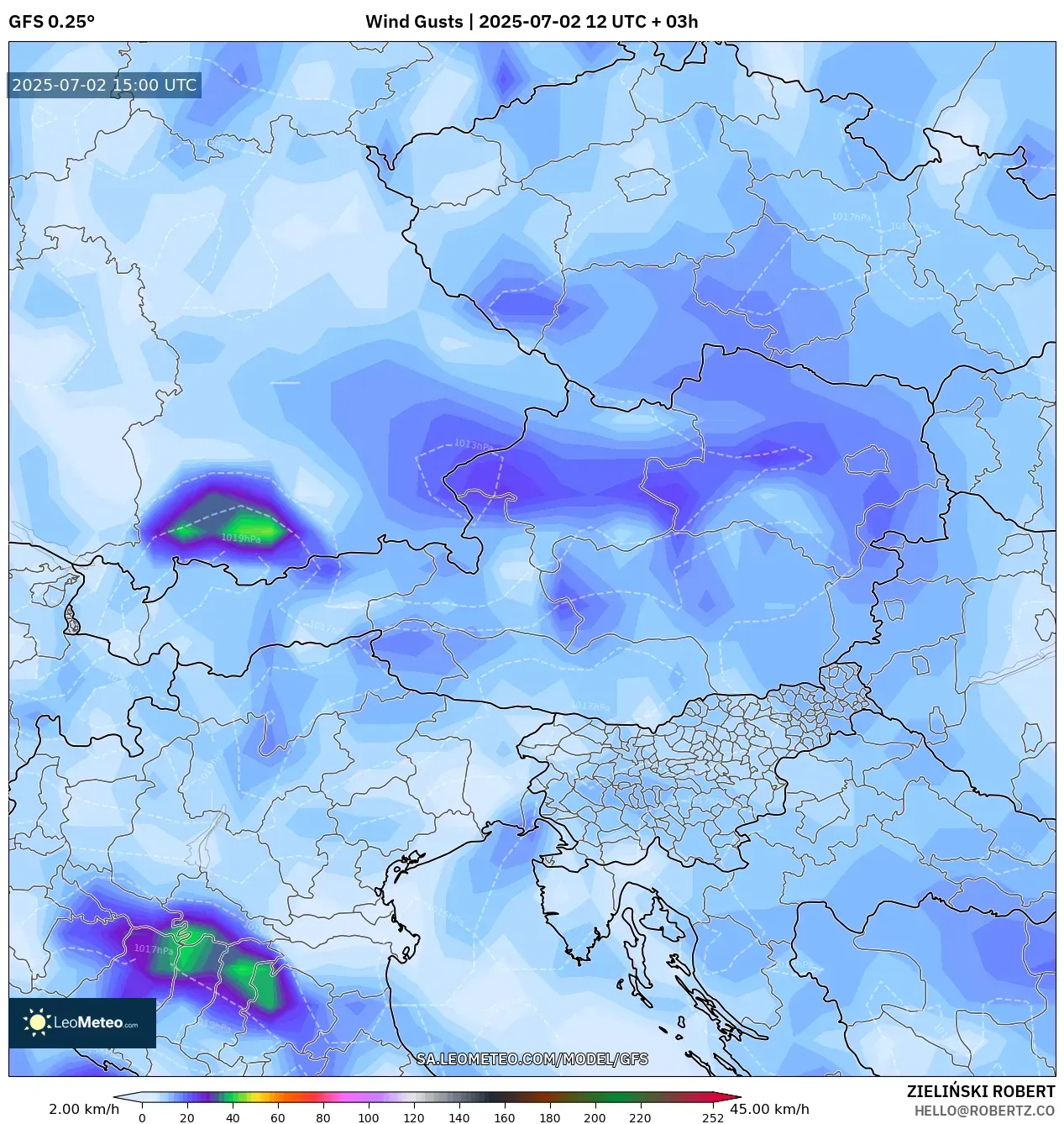 GFS model - Austria, Wind Gusts
