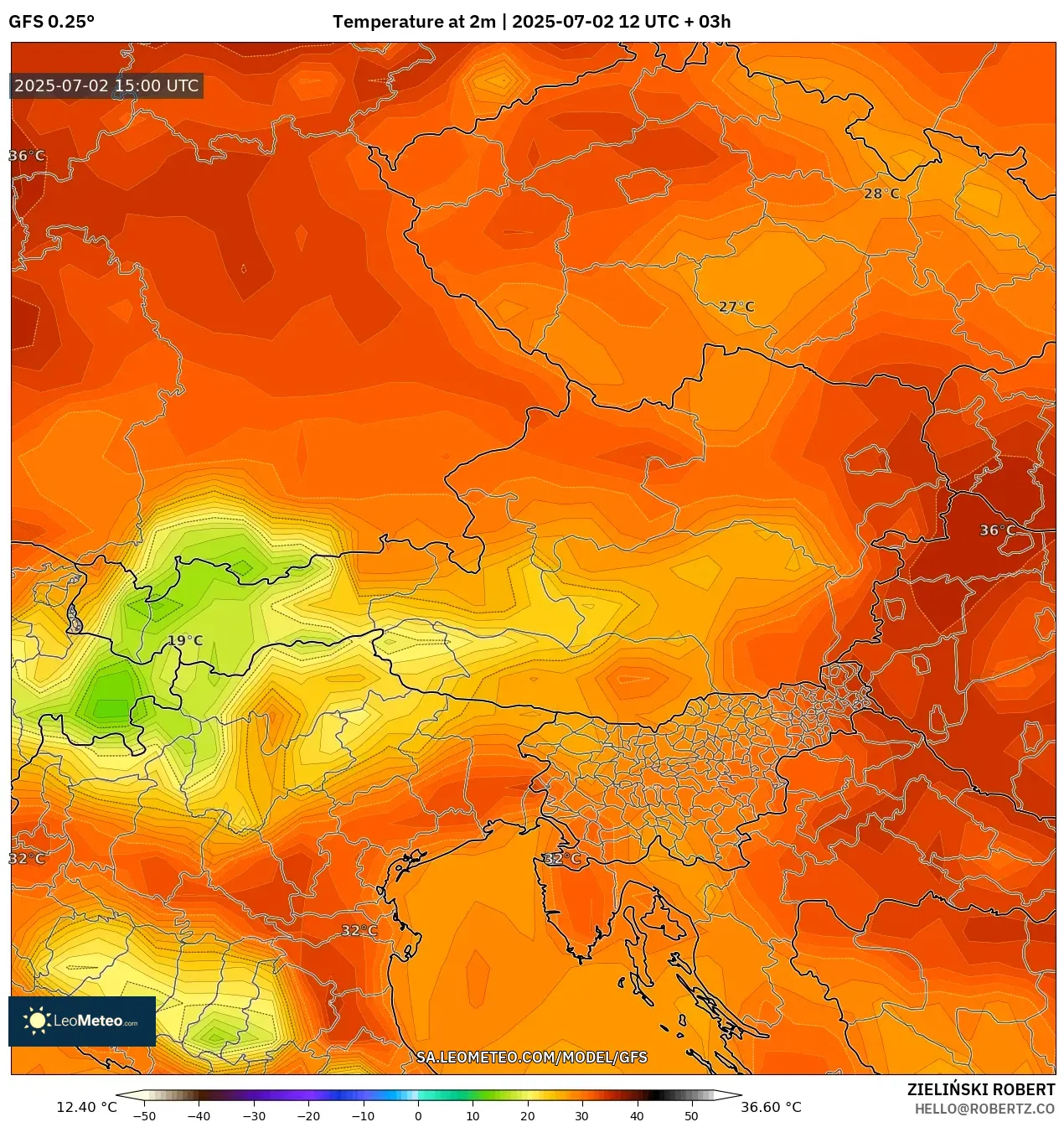 GFS model - Austria, Temperature at 2m
