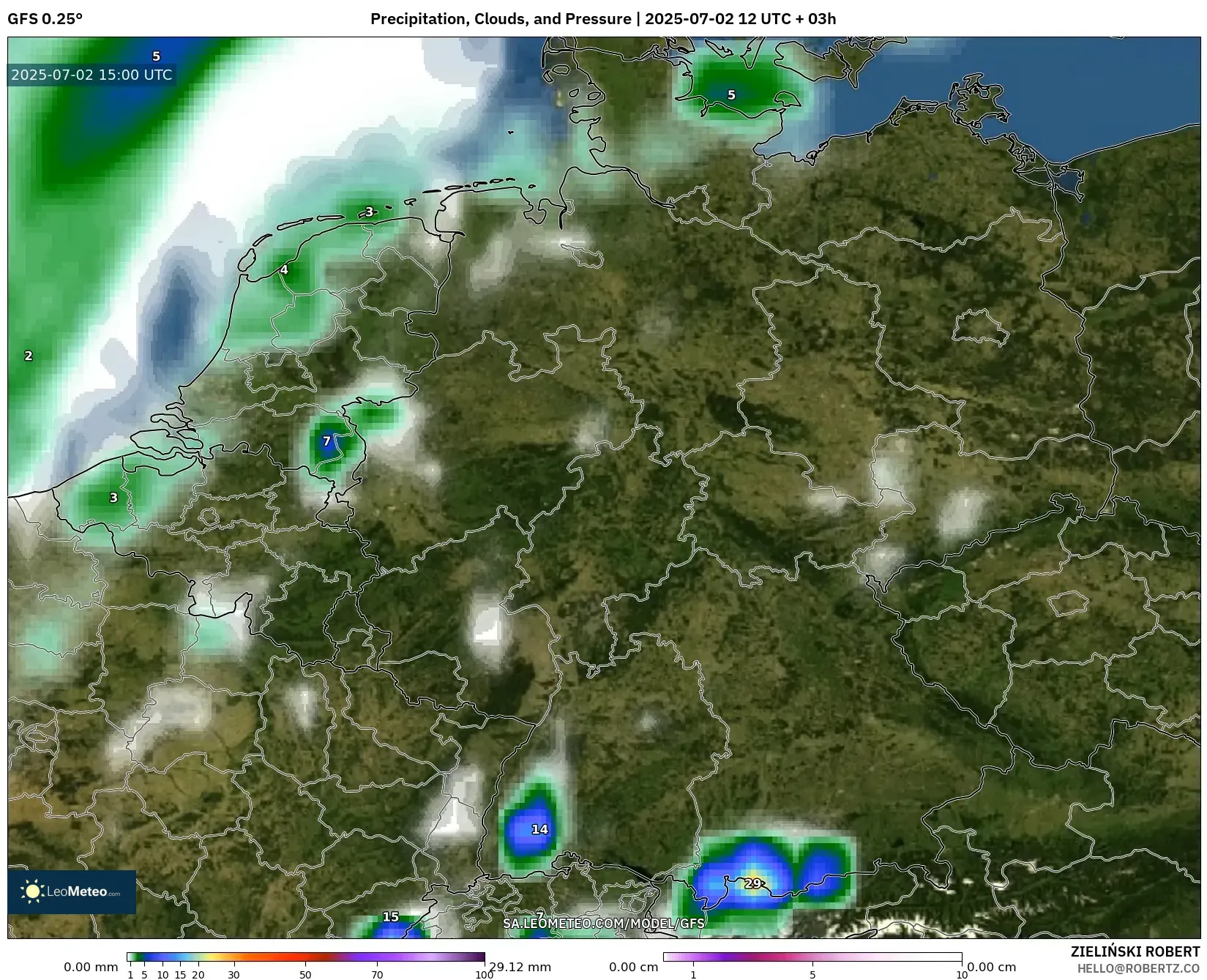 GFS model - Germany, Precipitation, Clouds, and Pressure
