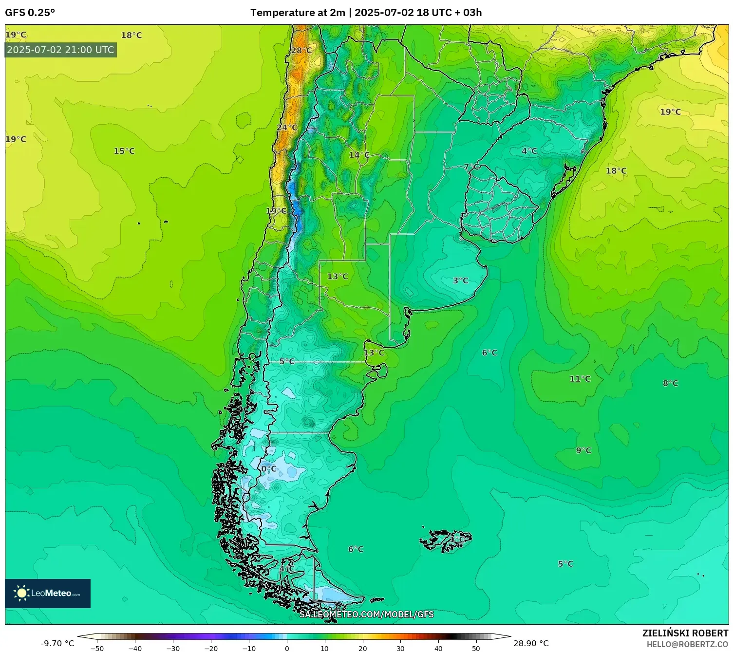 GFS model - Argentina, Temperature at 2m