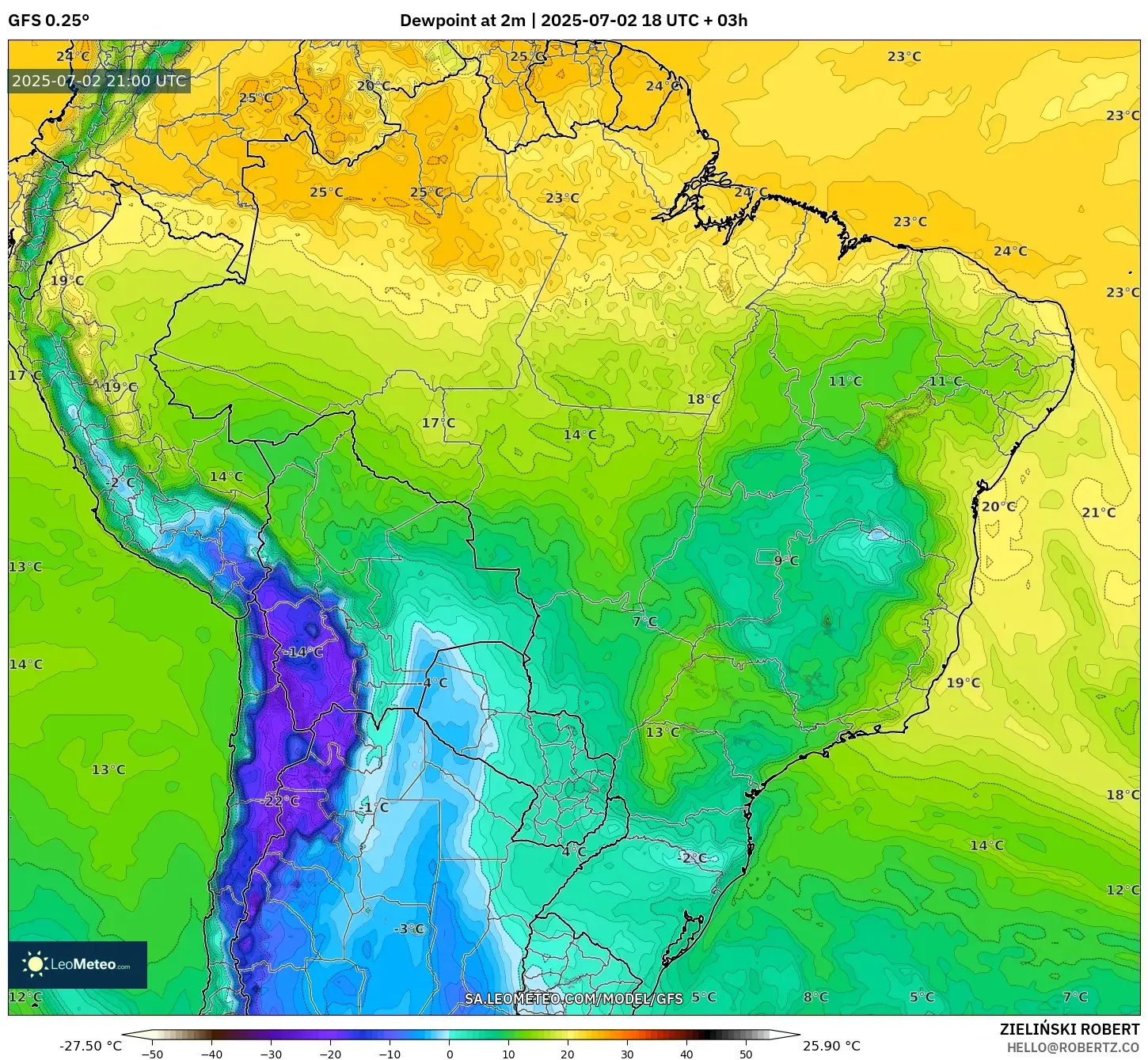 GFS model - Brazil, Dewpoint at 2m