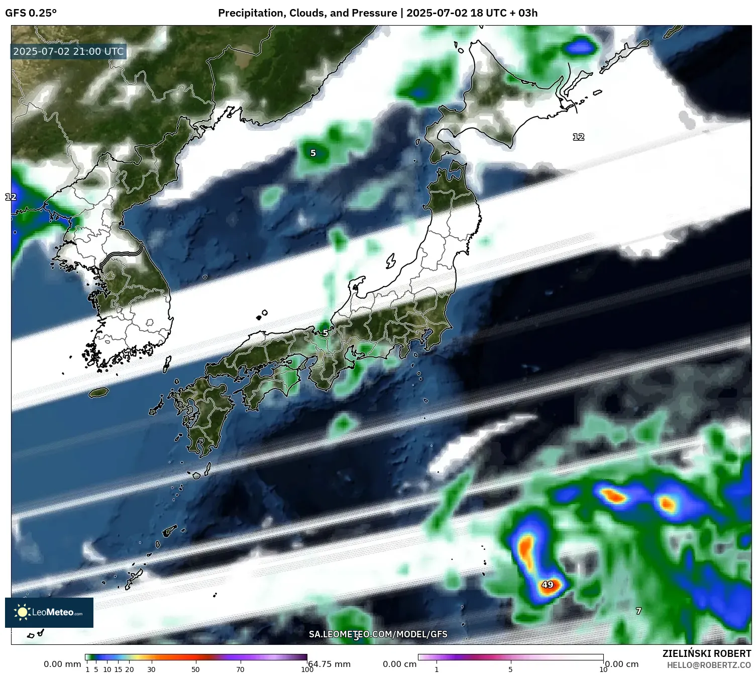 GFS model - Japan, Precipitation, Clouds, and Pressure