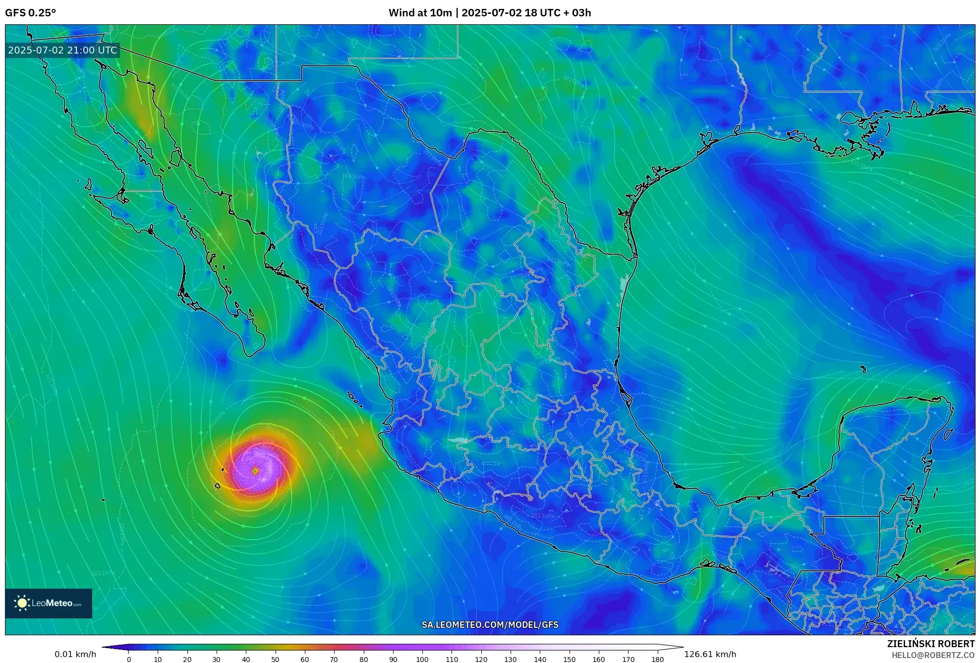 GFS model - Mexico, Wind at 10m