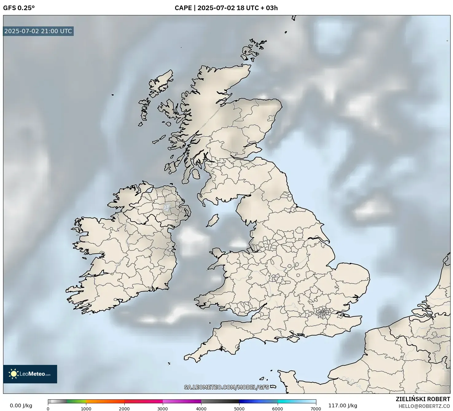 GFS model - United Kingdom, CAPE