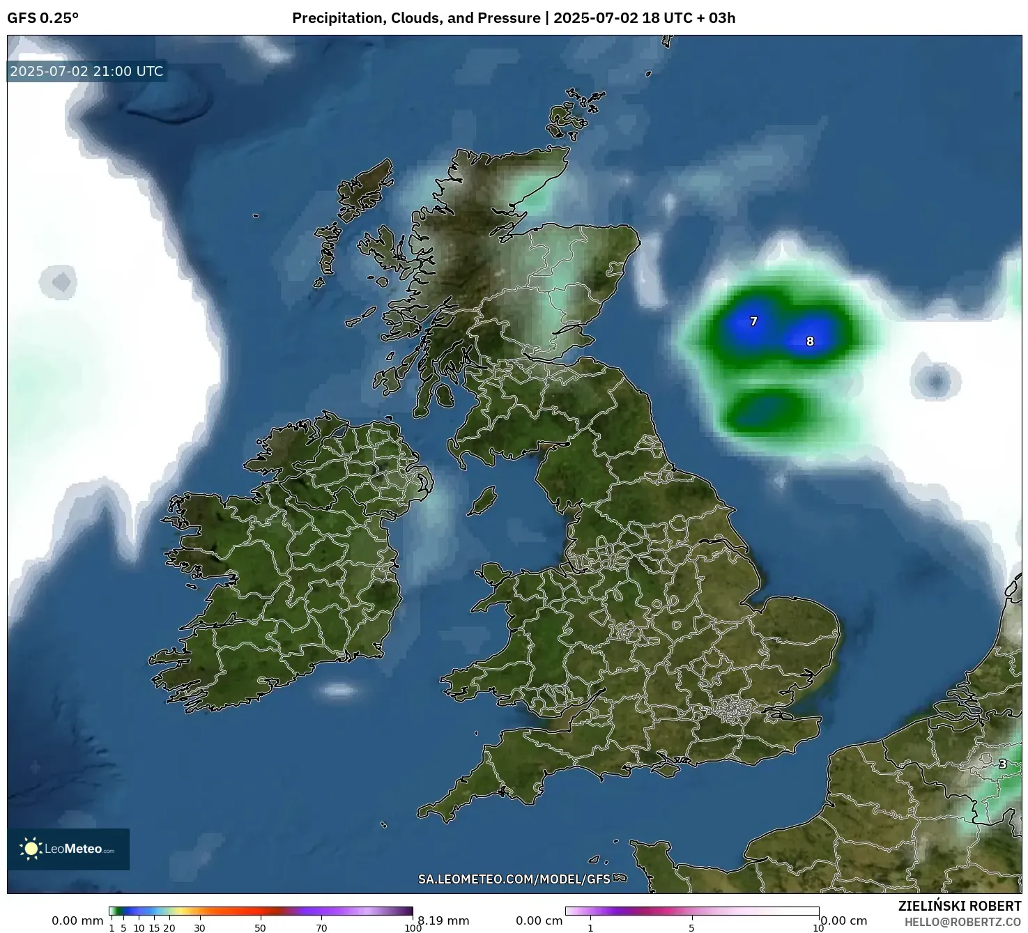 GFS model - United Kingdom, Precipitation, Clouds, and Pressure
