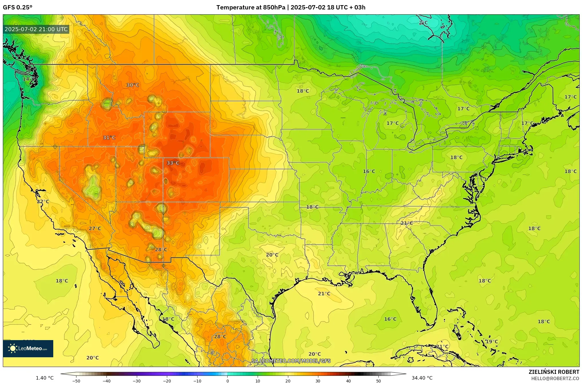 GFS model - United States, Temperature at 850hPa