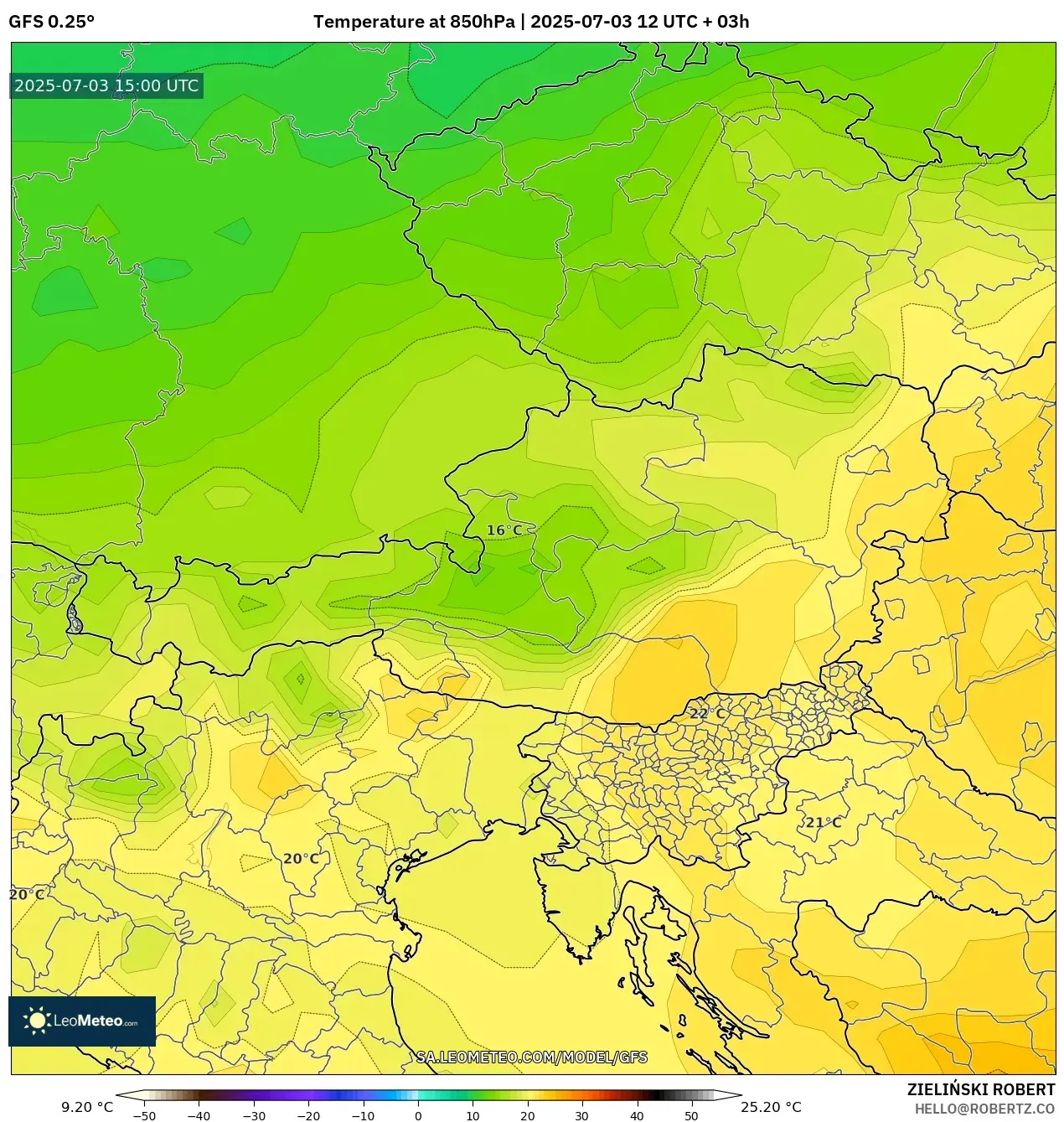 GFS model - Austria, Temperature at 850hPa
