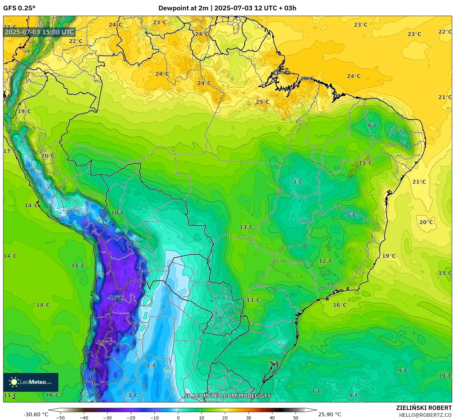 GFS model - Brazil, Dewpoint at 2m GFS model - Brazil, Dewpoint at 2m