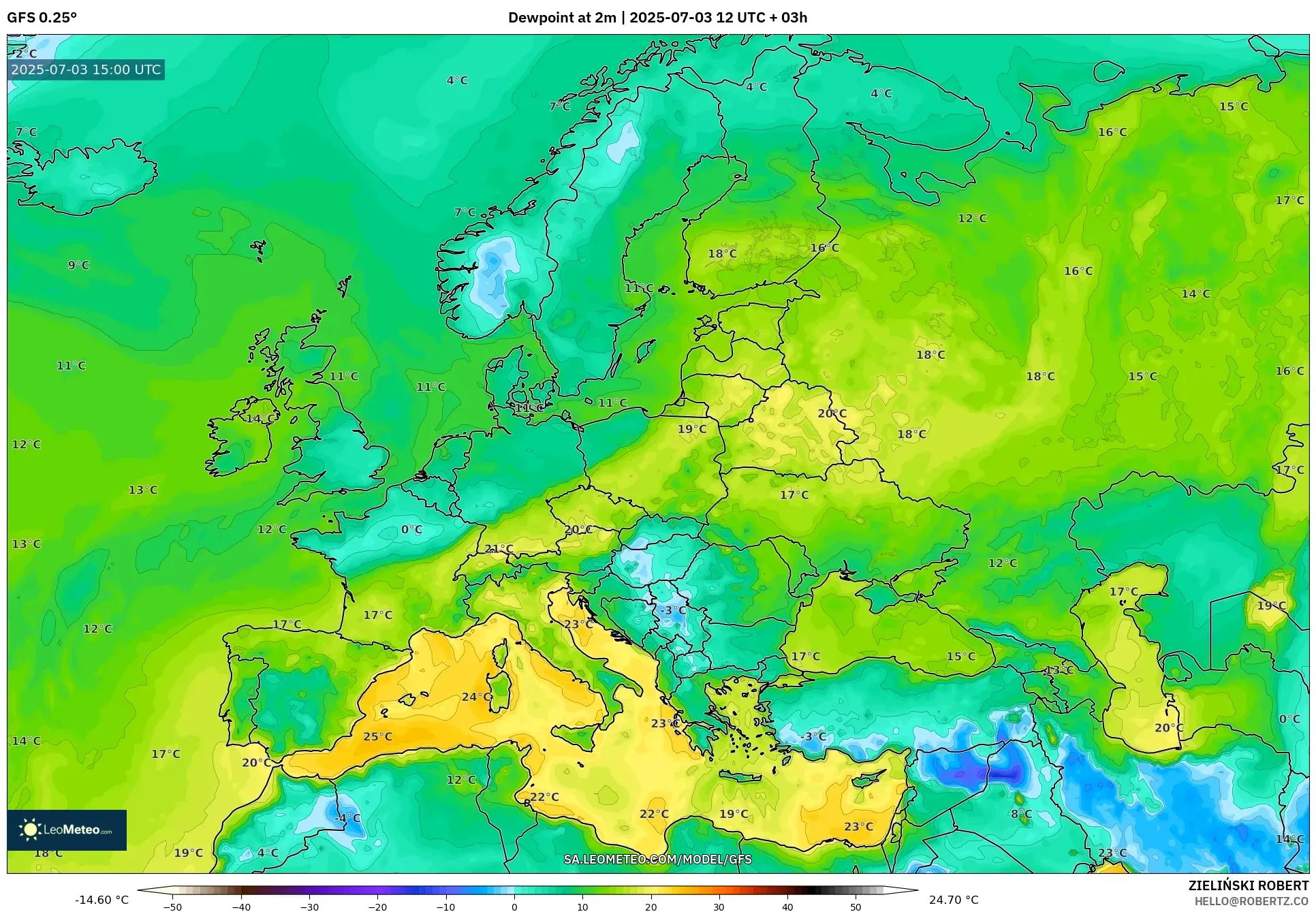 GFS model - Europe, Dewpoint at 2m