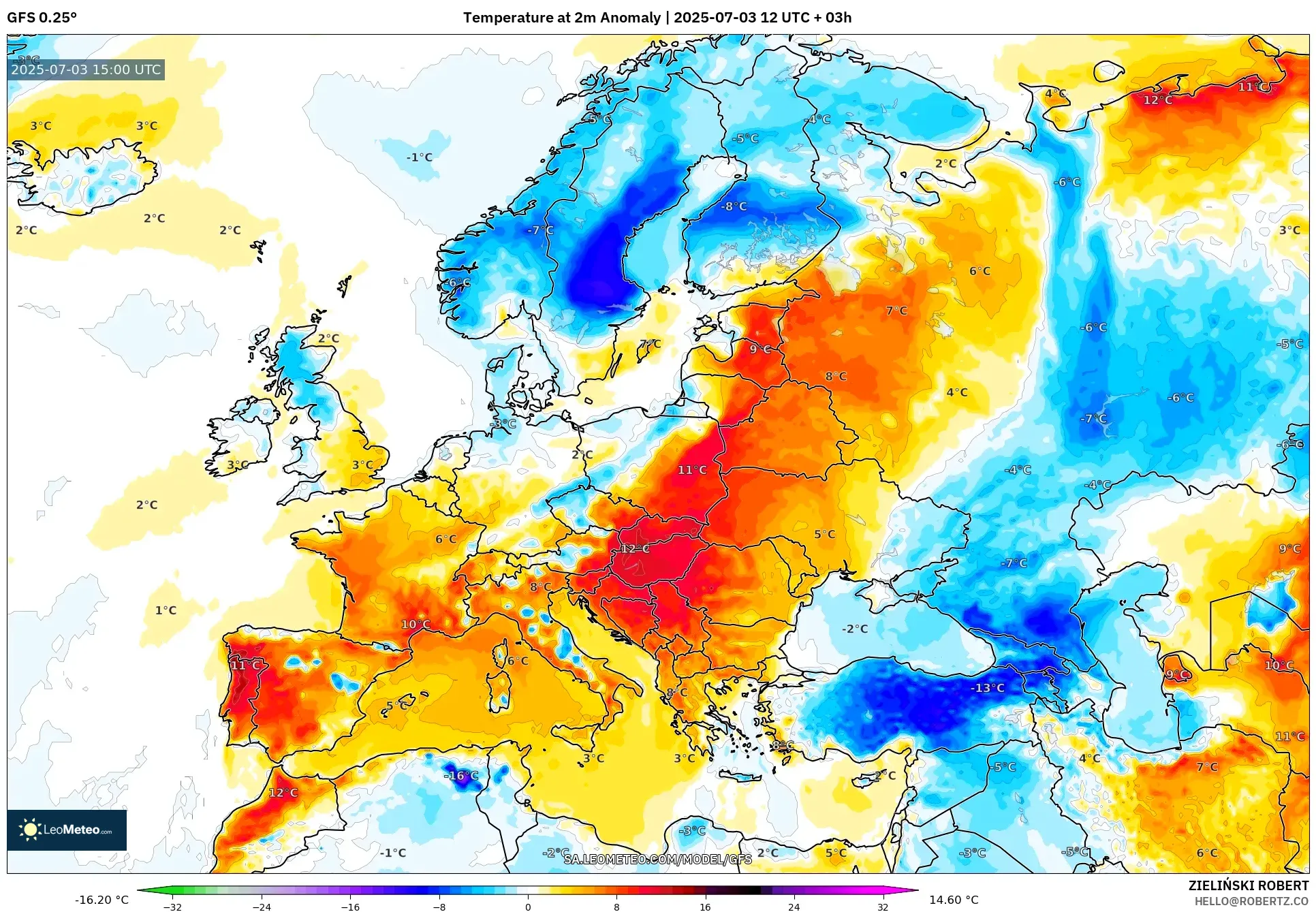 GFS model - Europe, Temperature at 2m Anomaly