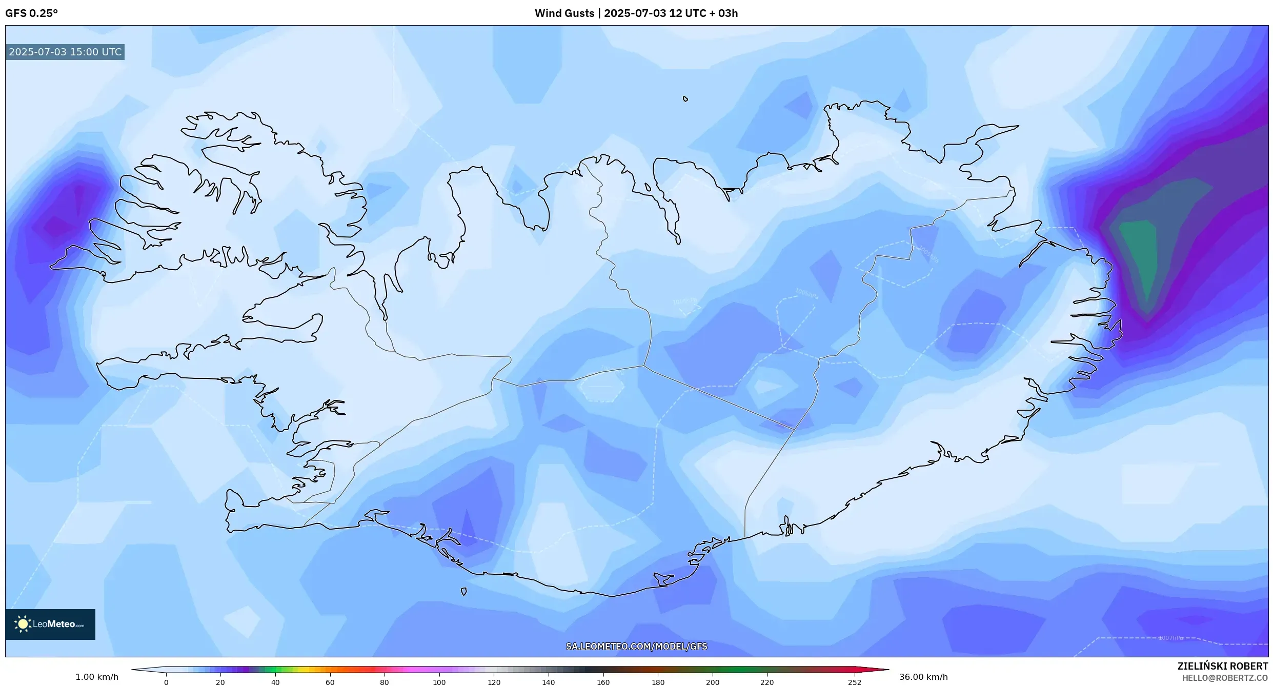 GFS model - Iceland, Wind Gusts