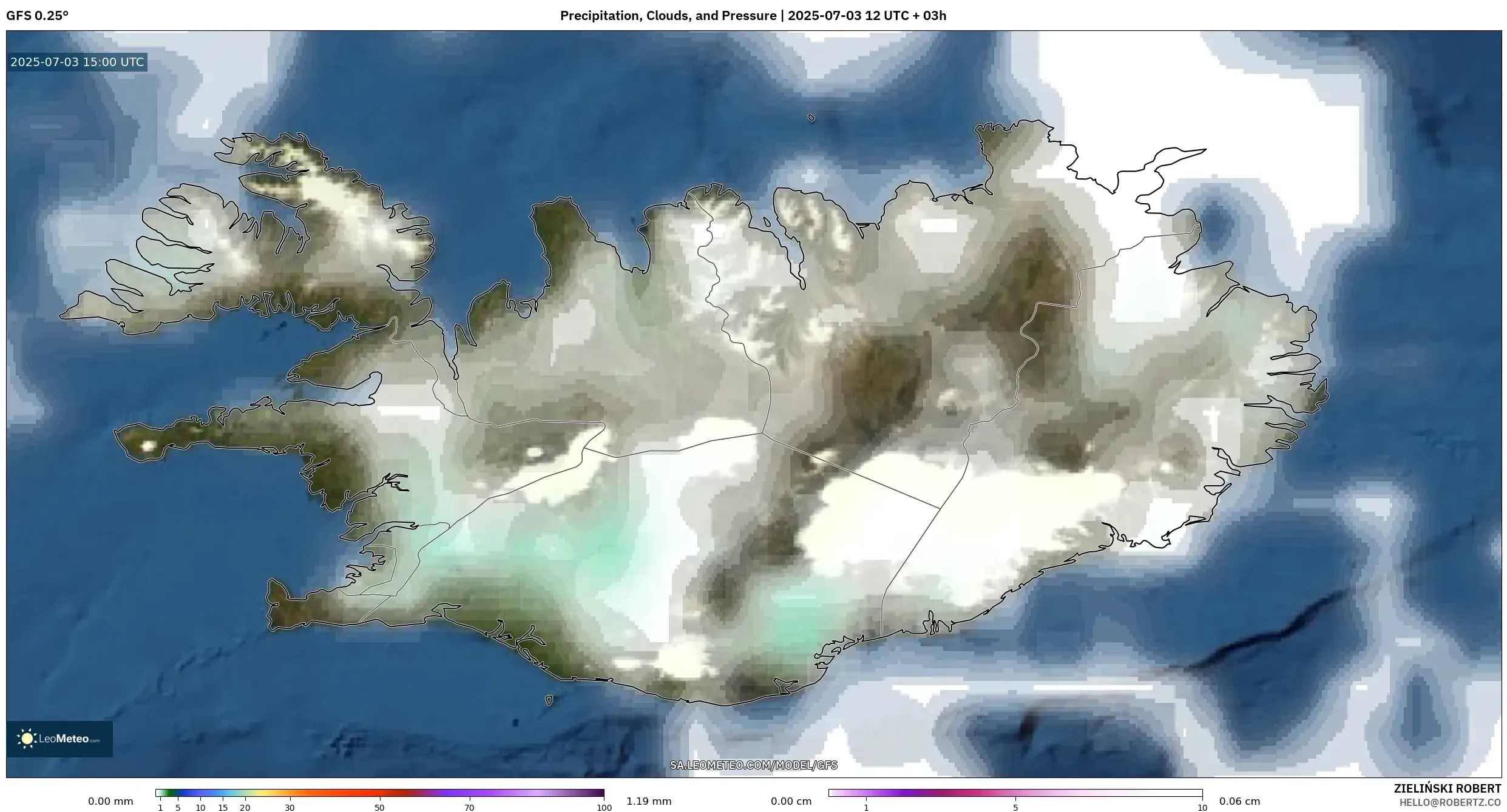 GFS model - Iceland, Precipitation, Clouds, and Pressure