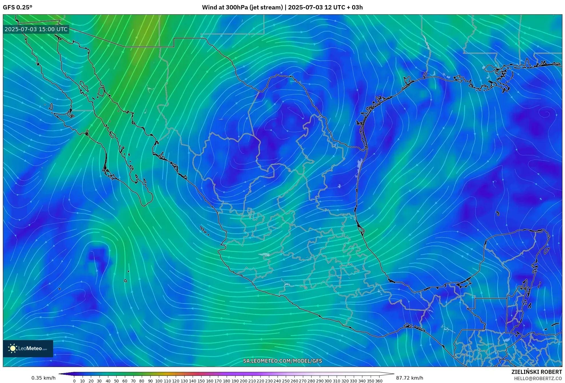 GFS model - Mexico, Wind at 300hPa (jet stream)