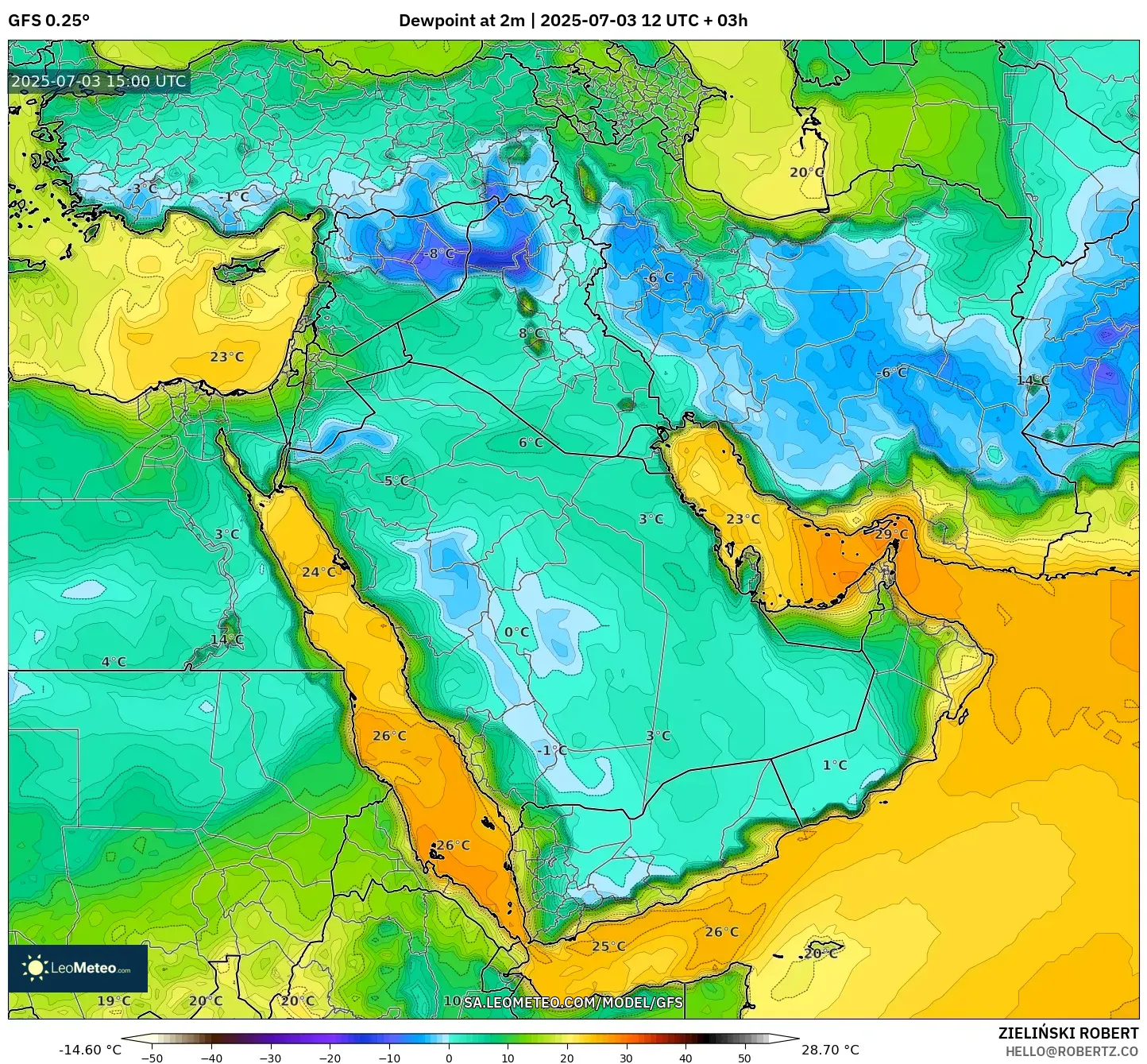 GFS model - Middle East, Dewpoint at 2m