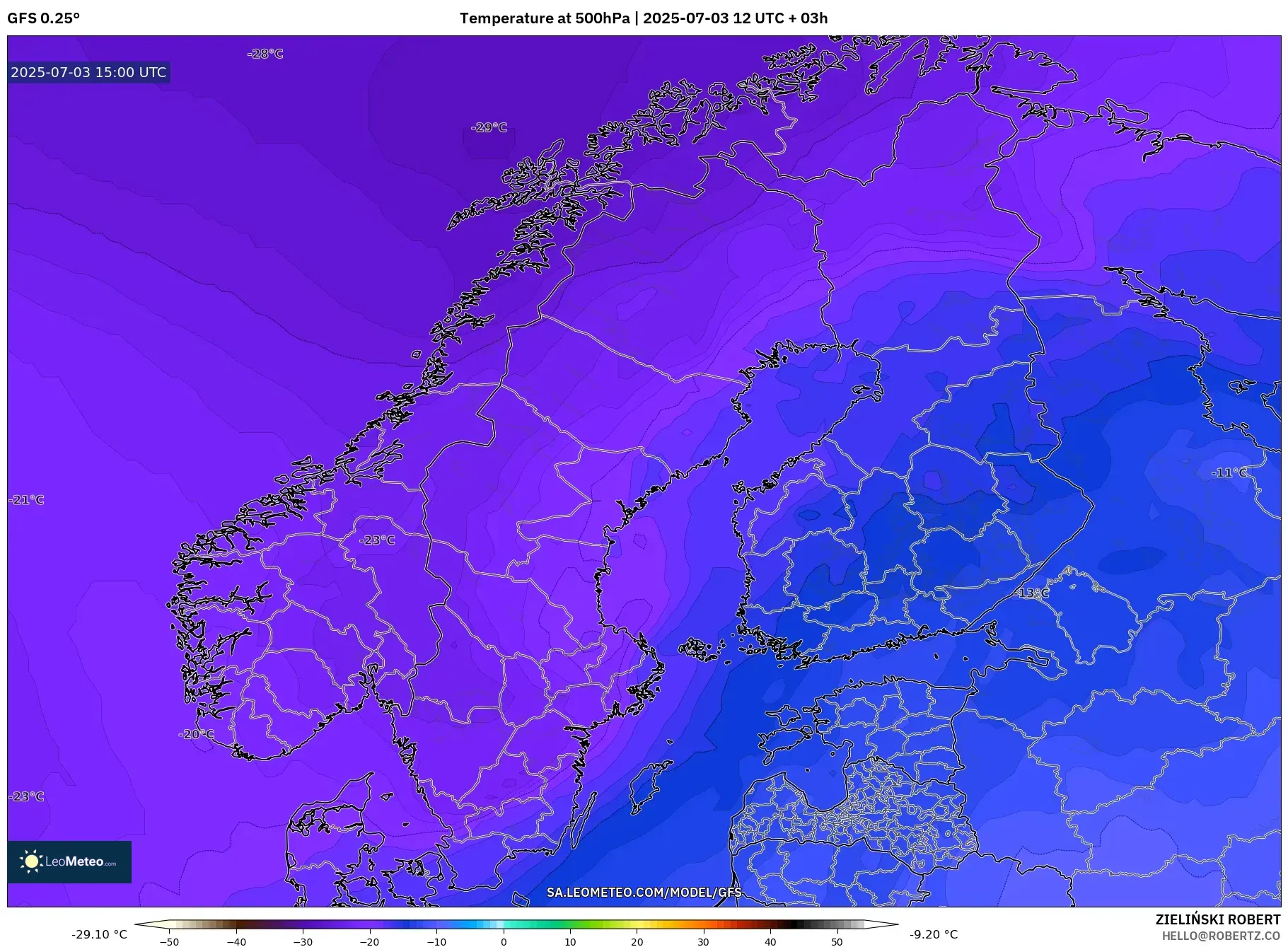 GFS model - Scandinavia, Temperature at 500hPa