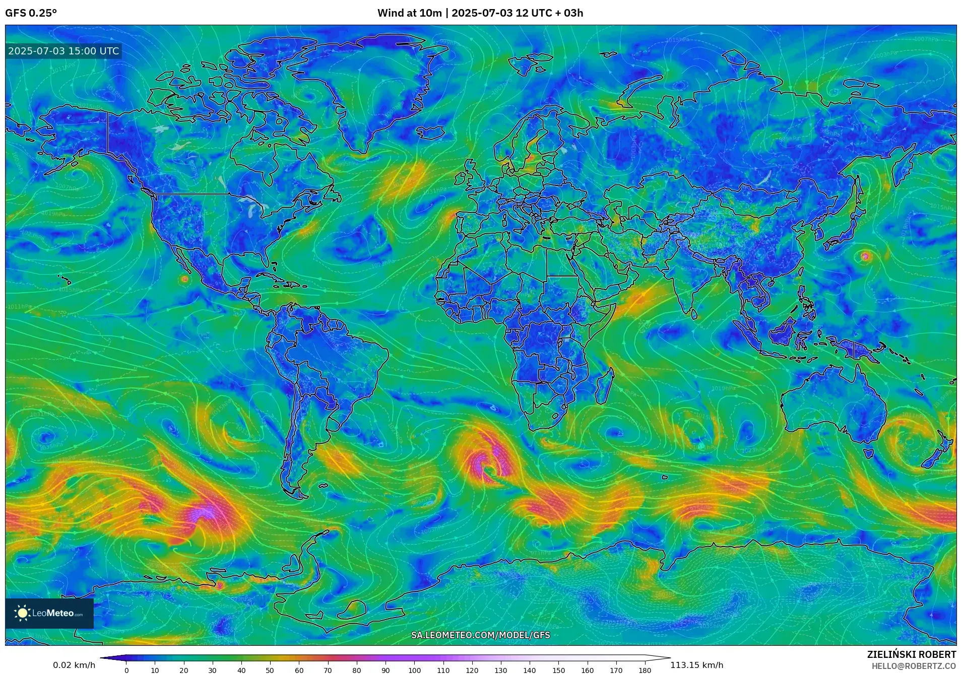 GFS model - World, Wind at 10m
