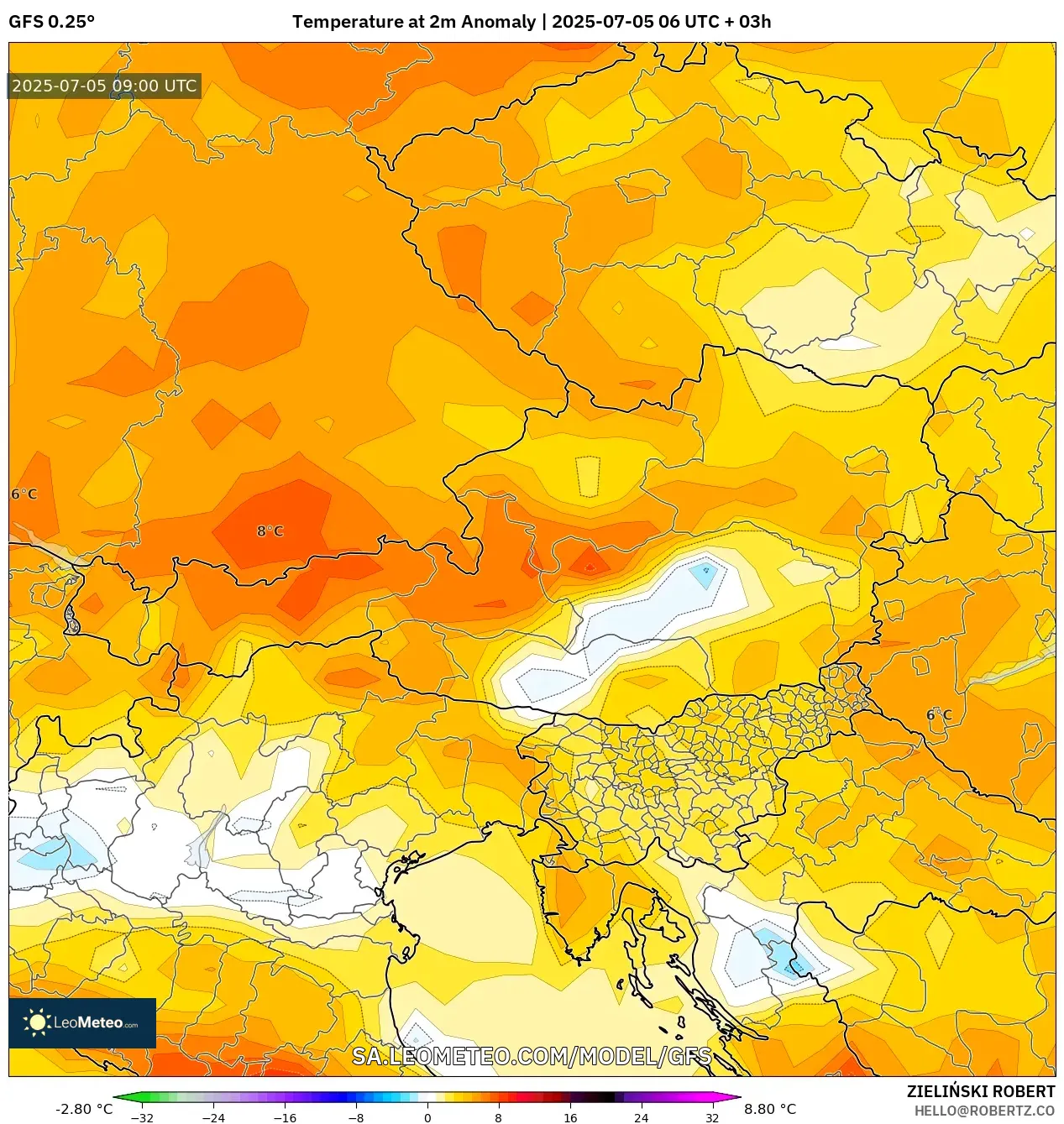 GFS model - Austria, Temperature at 2m Anomaly GFS model - Austria, Temperature at 2m Anomaly
