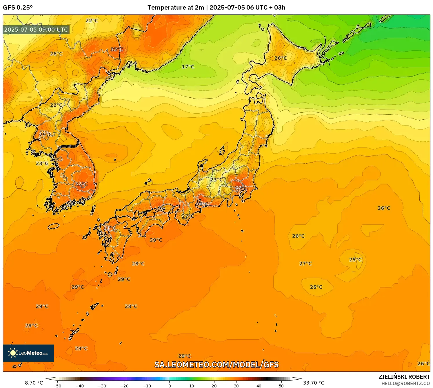 GFS model - Japan, Temperature at 2m GFS model - Japan, Temperature at 2m
