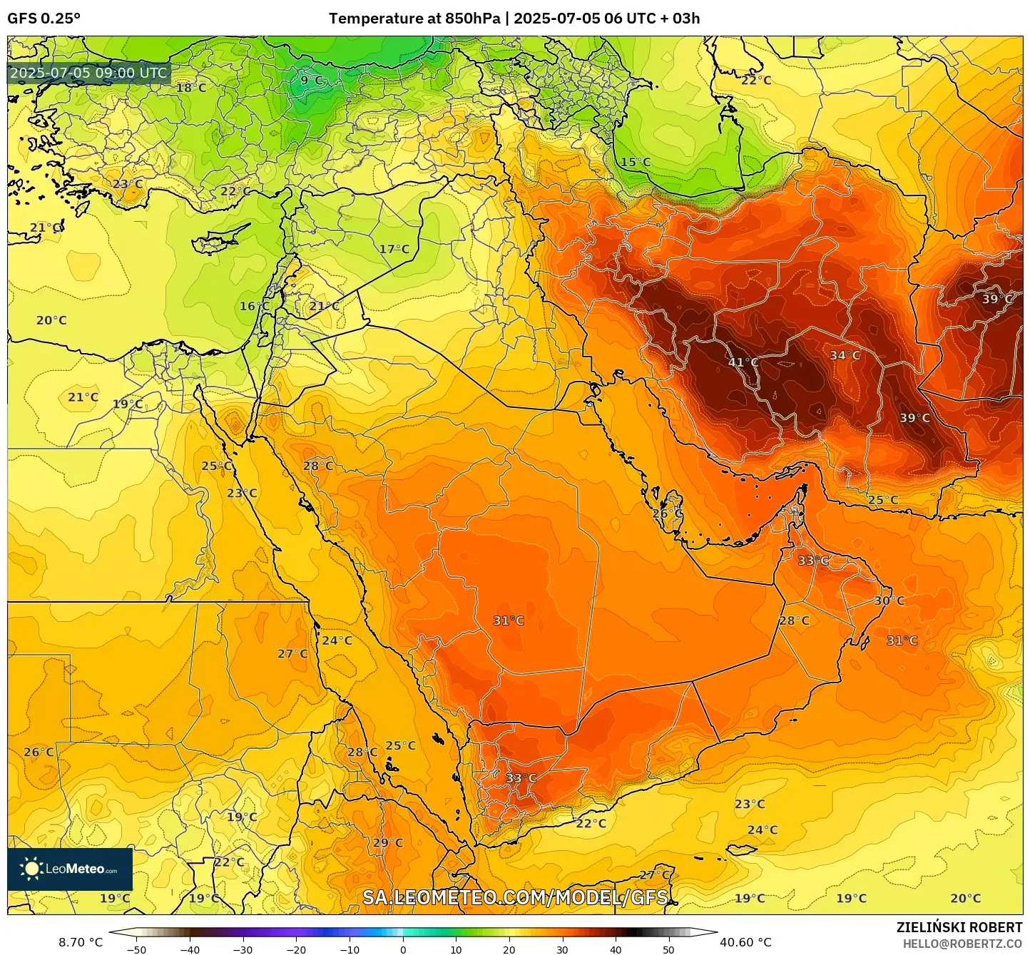 GFS model - Middle East, Temperature at 850hPa GFS model - Middle East, Temperature at 850hPa