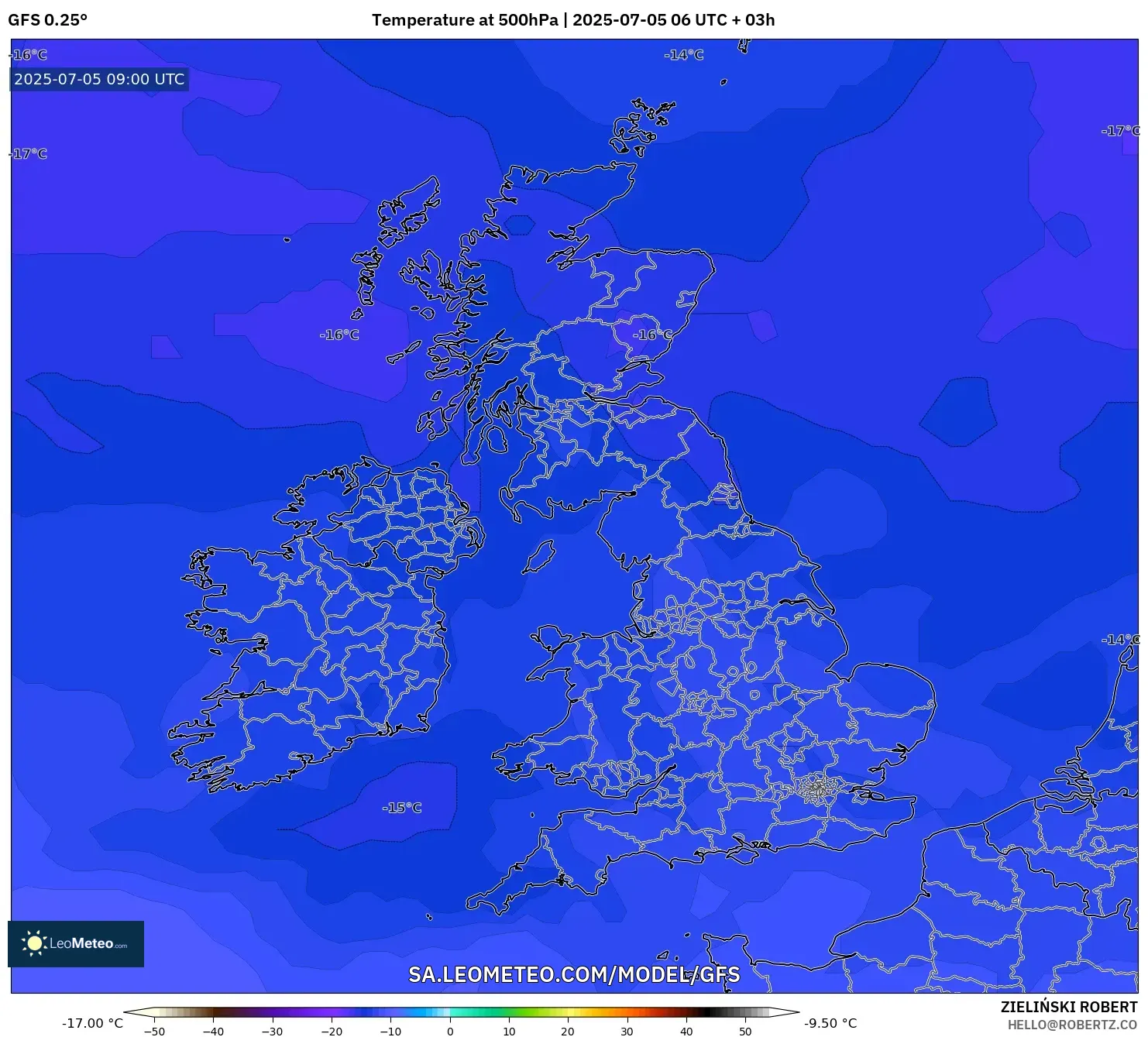 GFS model - United Kingdom, Temperature at 500hPa GFS model - United Kingdom, Temperature at 500hPa