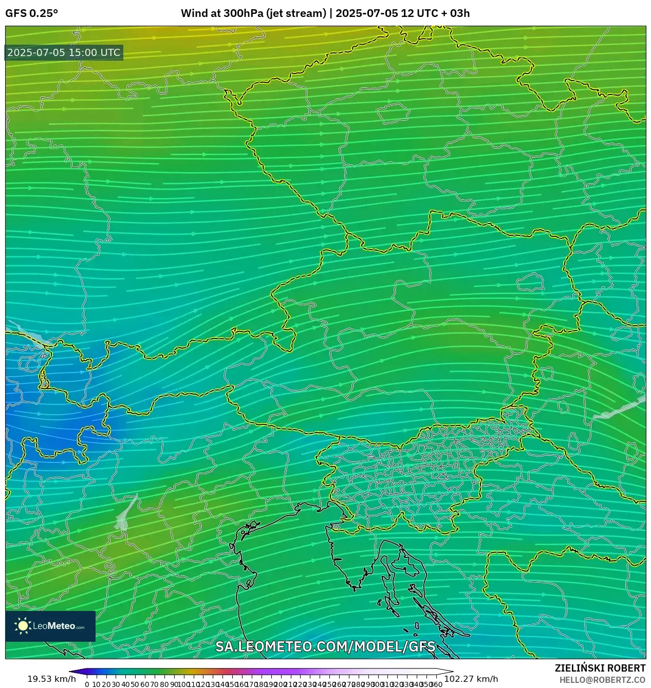 GFS model - Austria, Wind at 300hPa (jet stream) GFS model - Austria, Wind at 300hPa (jet stream)